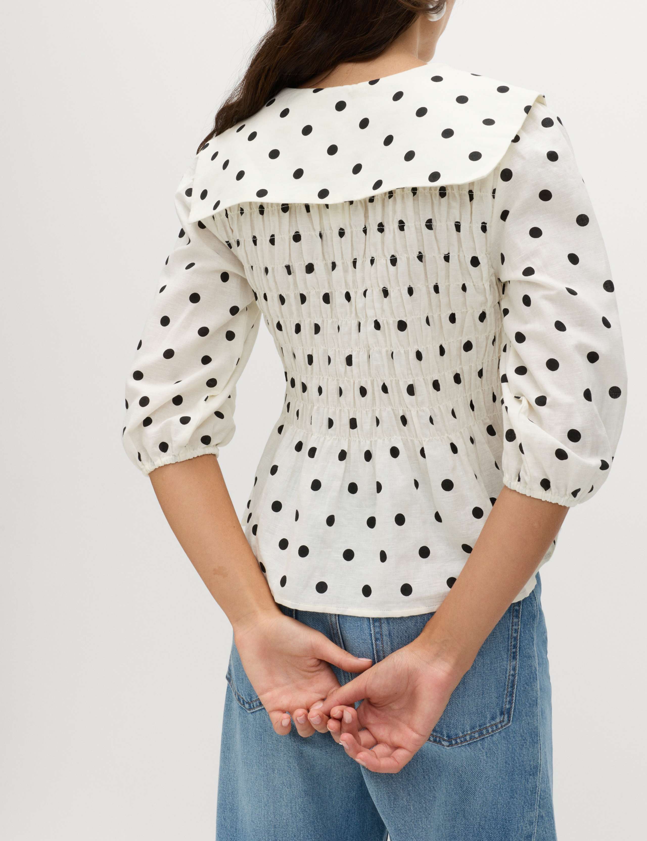 Linen Rich Polka Dot Shirred Blouse 5 of 6