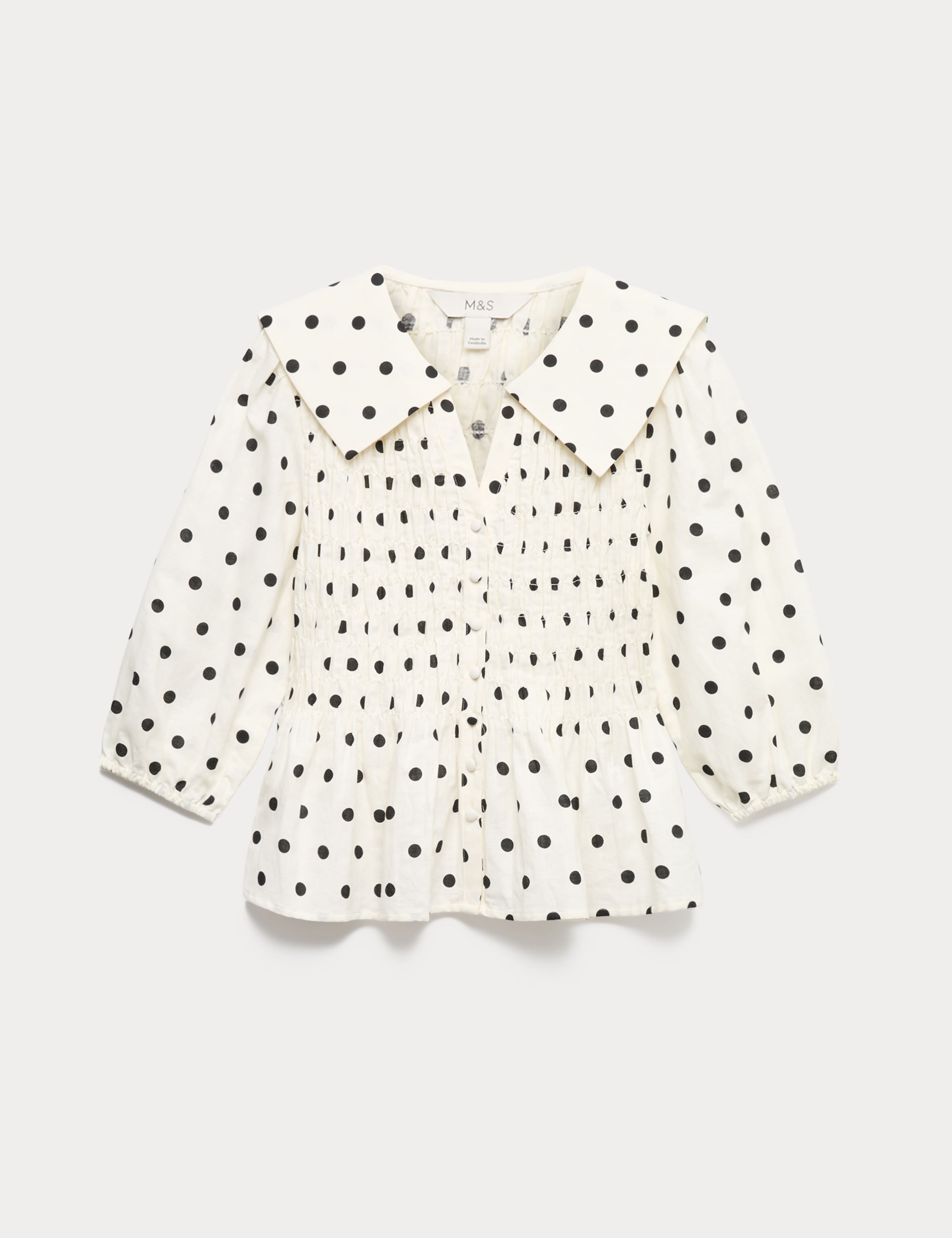 Linen Rich Polka Dot Shirred Blouse 2 of 6
