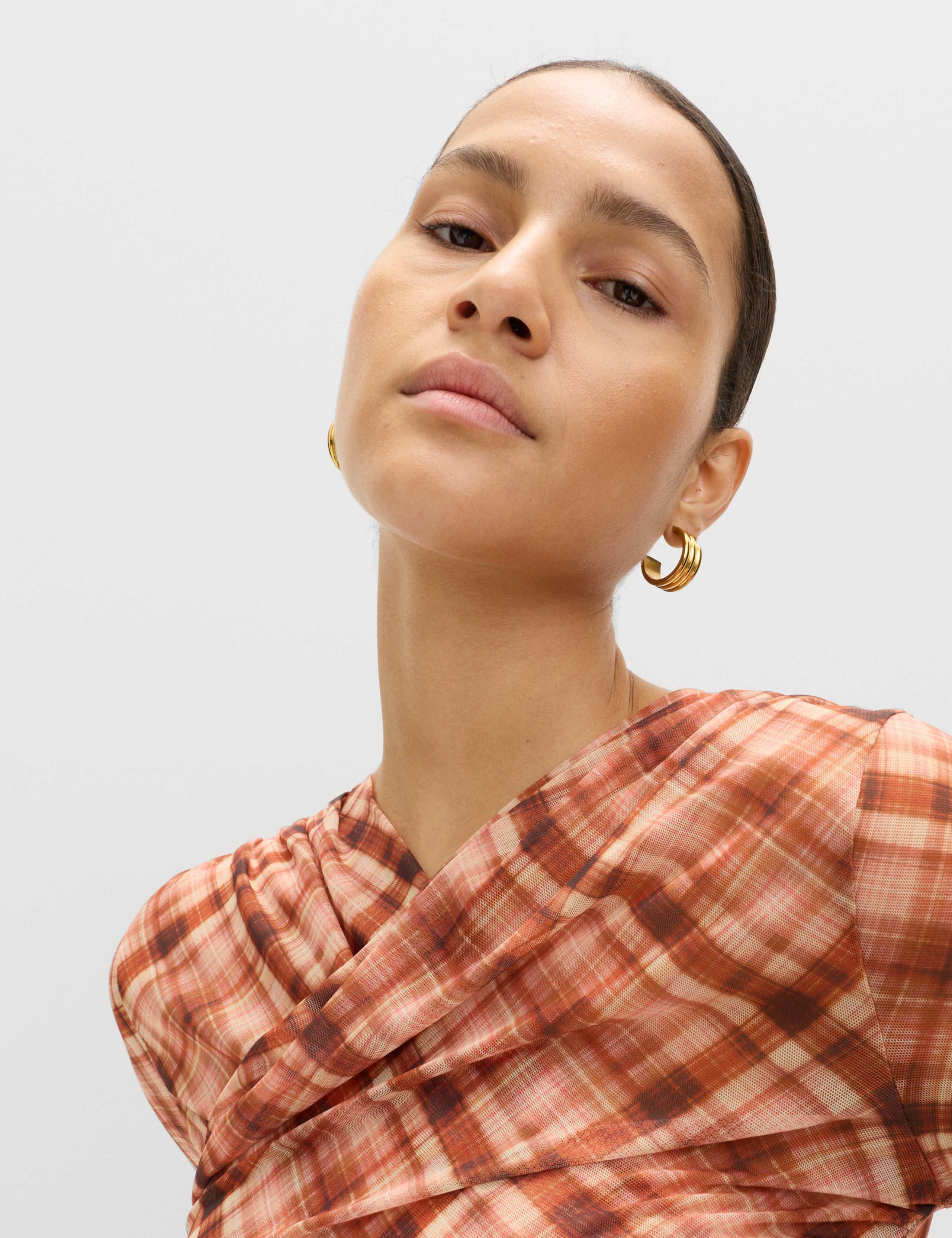 Mesh Jersey Checked V-Neck Wrap Top 3 of 7