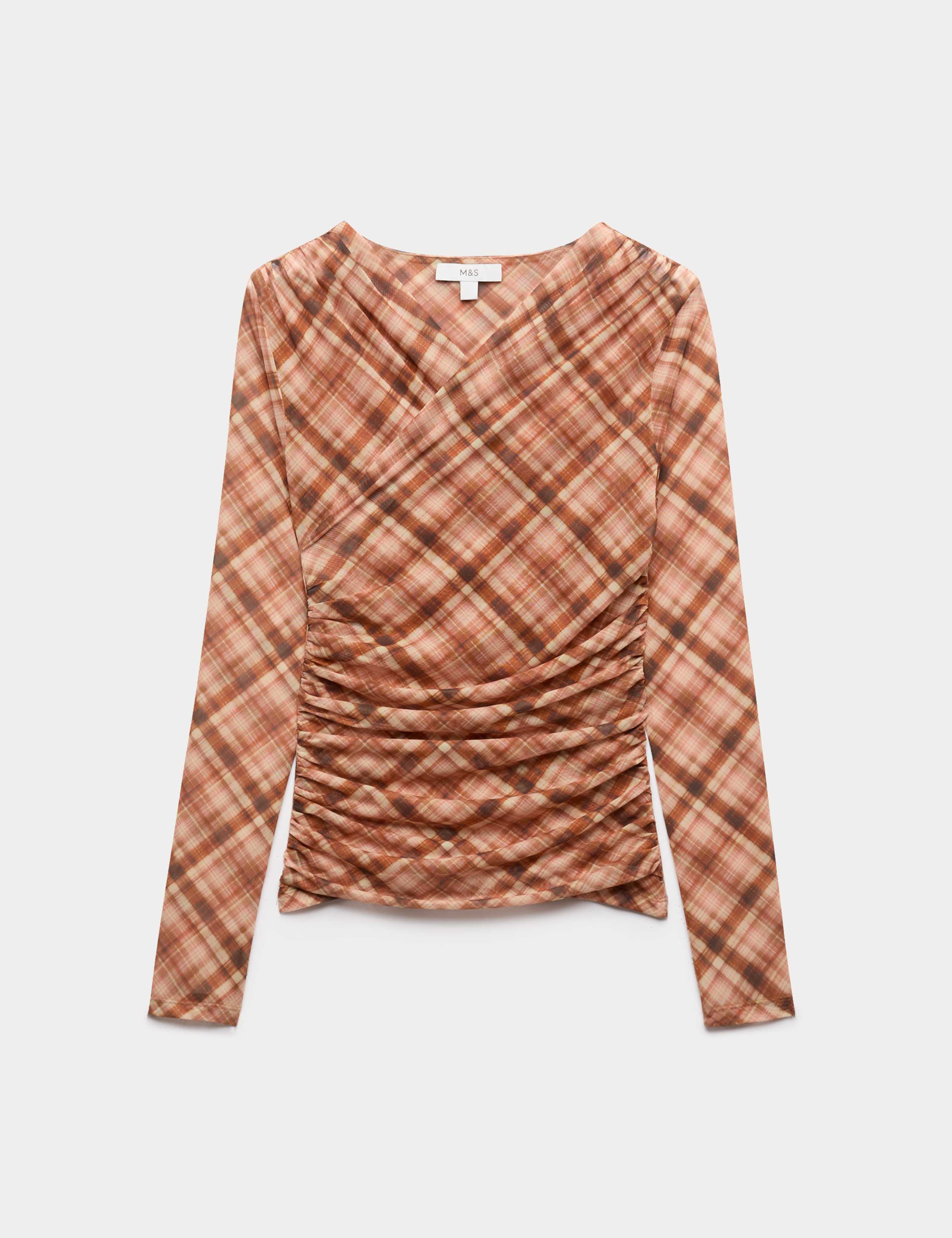 Mesh Jersey Checked V-Neck Wrap Top 2 of 7