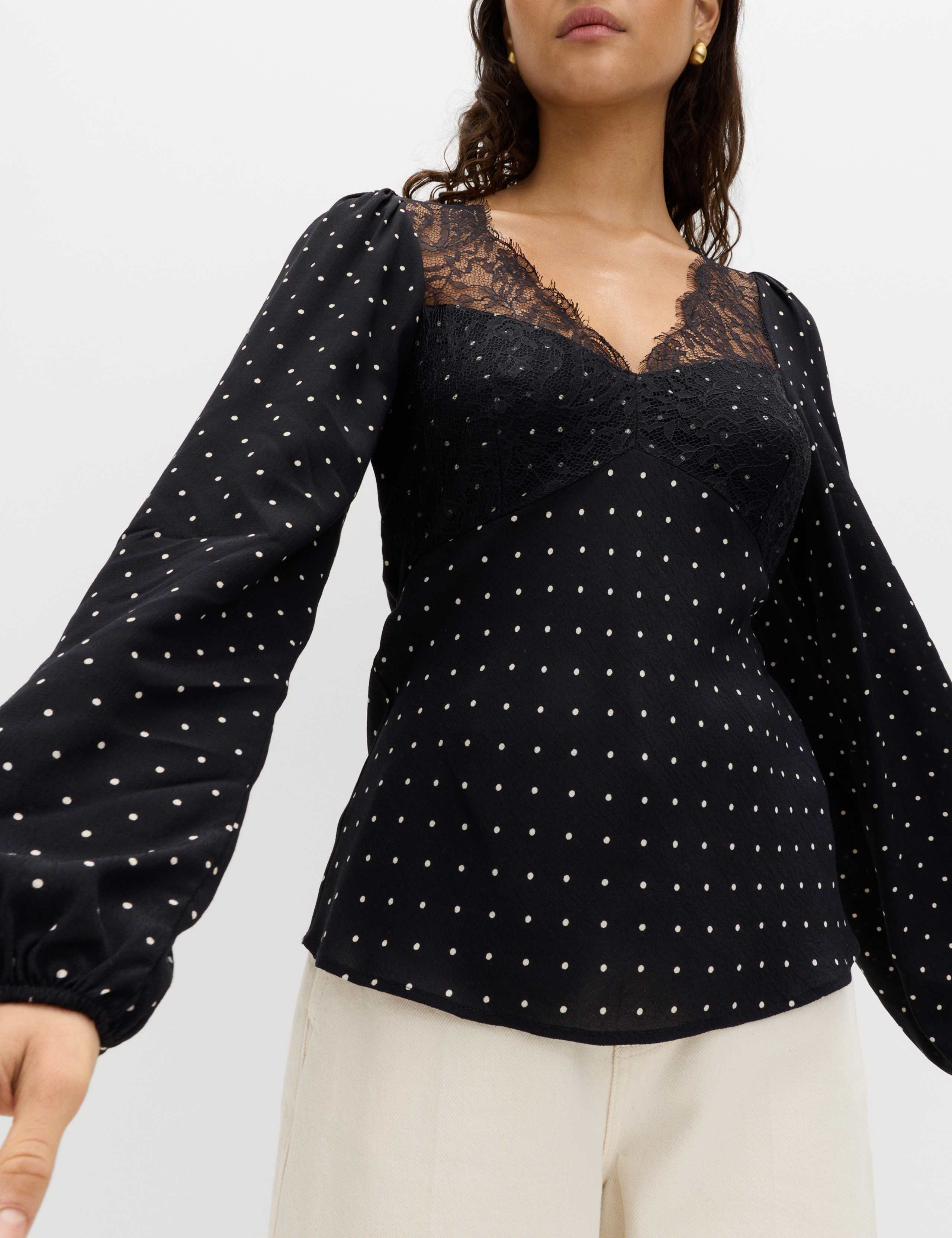Polka Dot Lace Insert Tie Detail Top 1 of 6