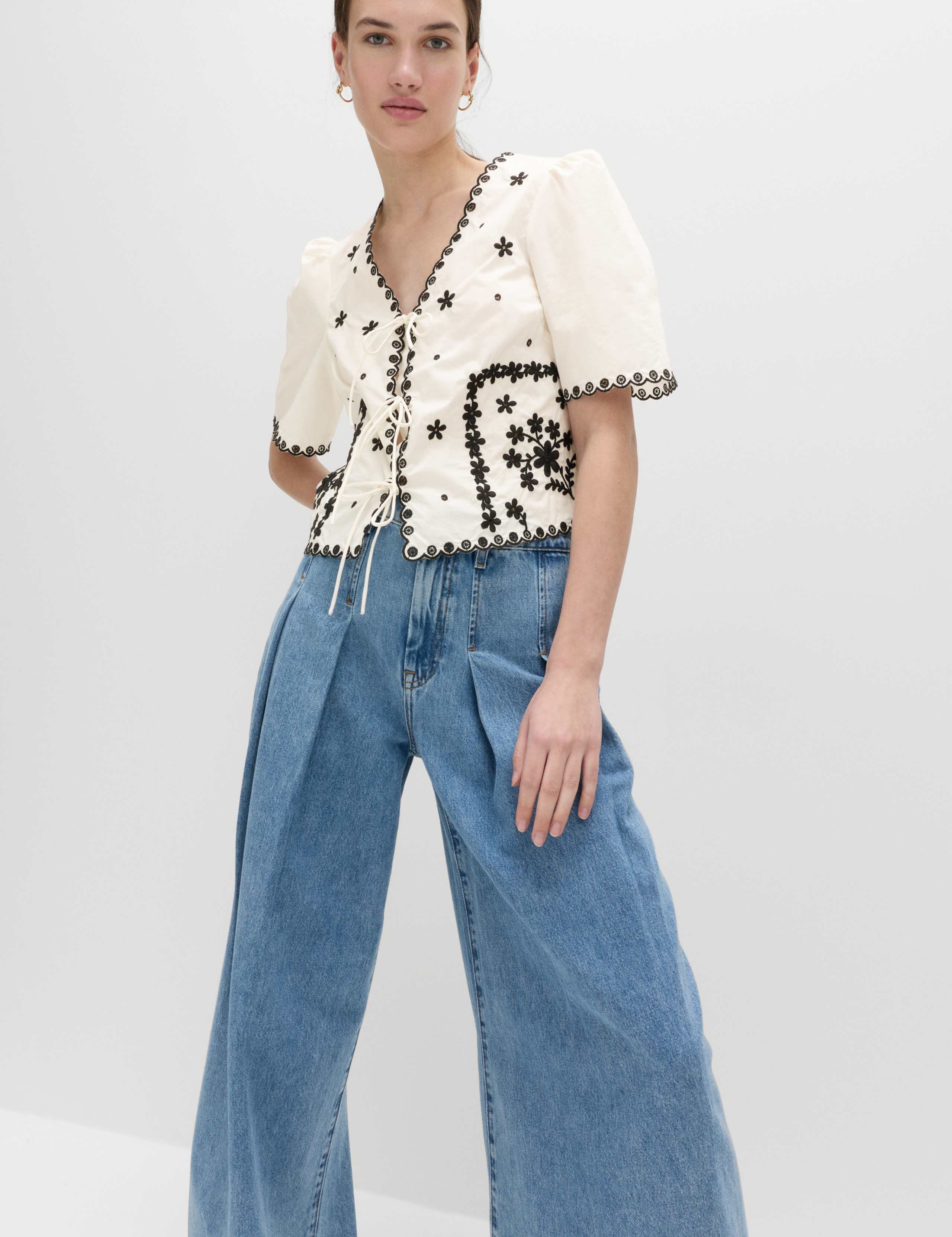 Pure Cotton Embroidered Tie Detail Top 3 of 7