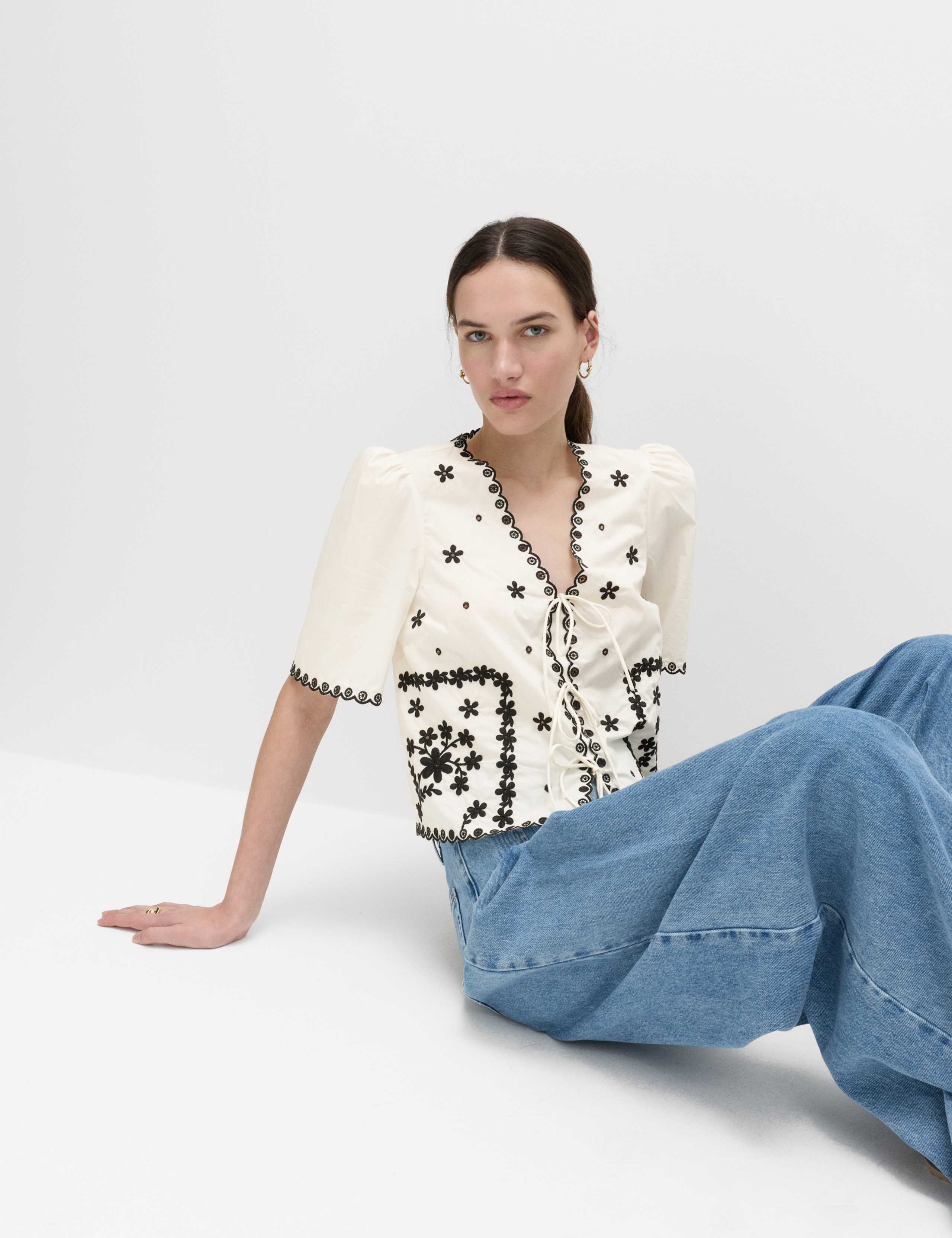 Pure Cotton Embroidered Tie Detail Top 4 of 7