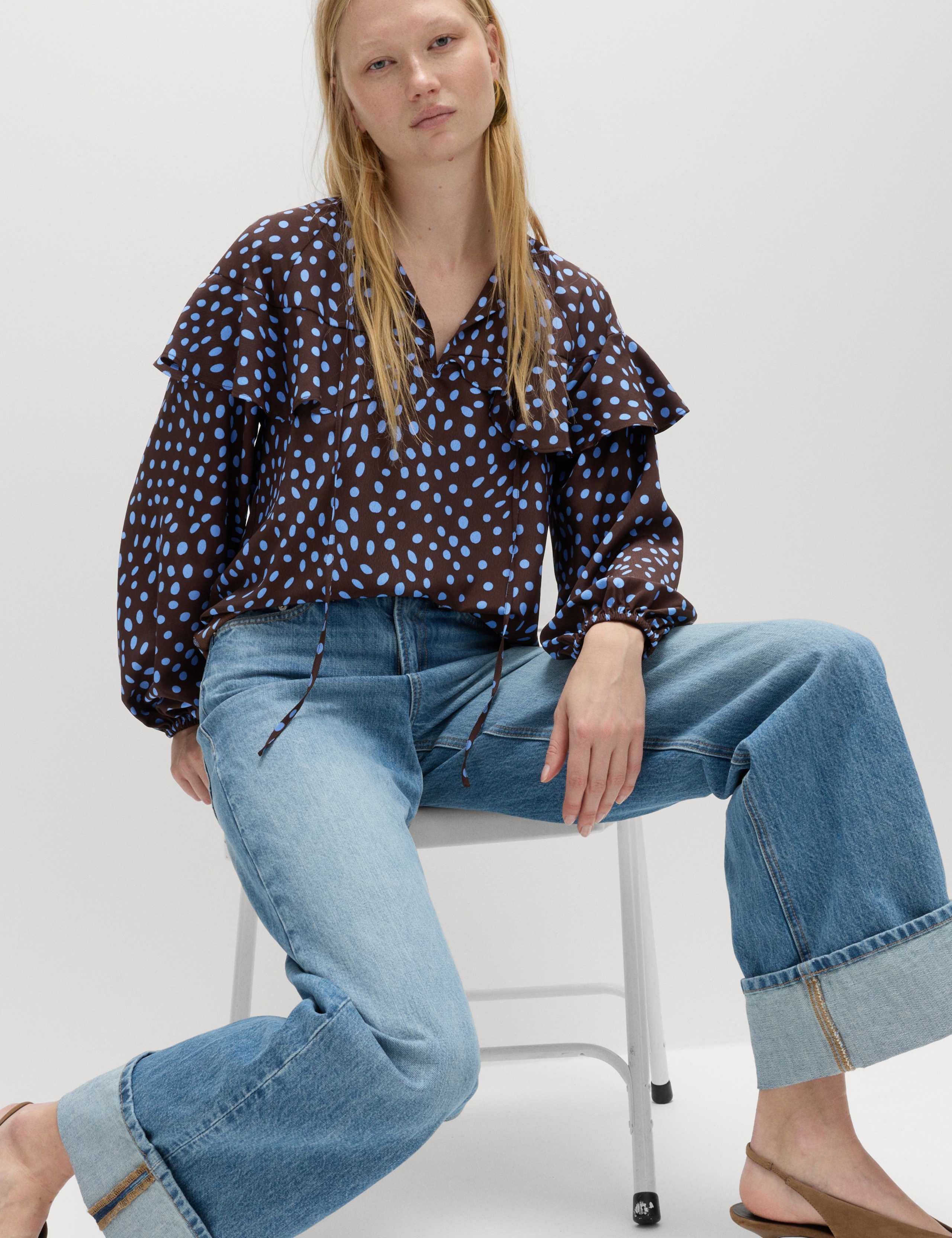 Spot Print Tie Front Frill Detail Top 1 of 6