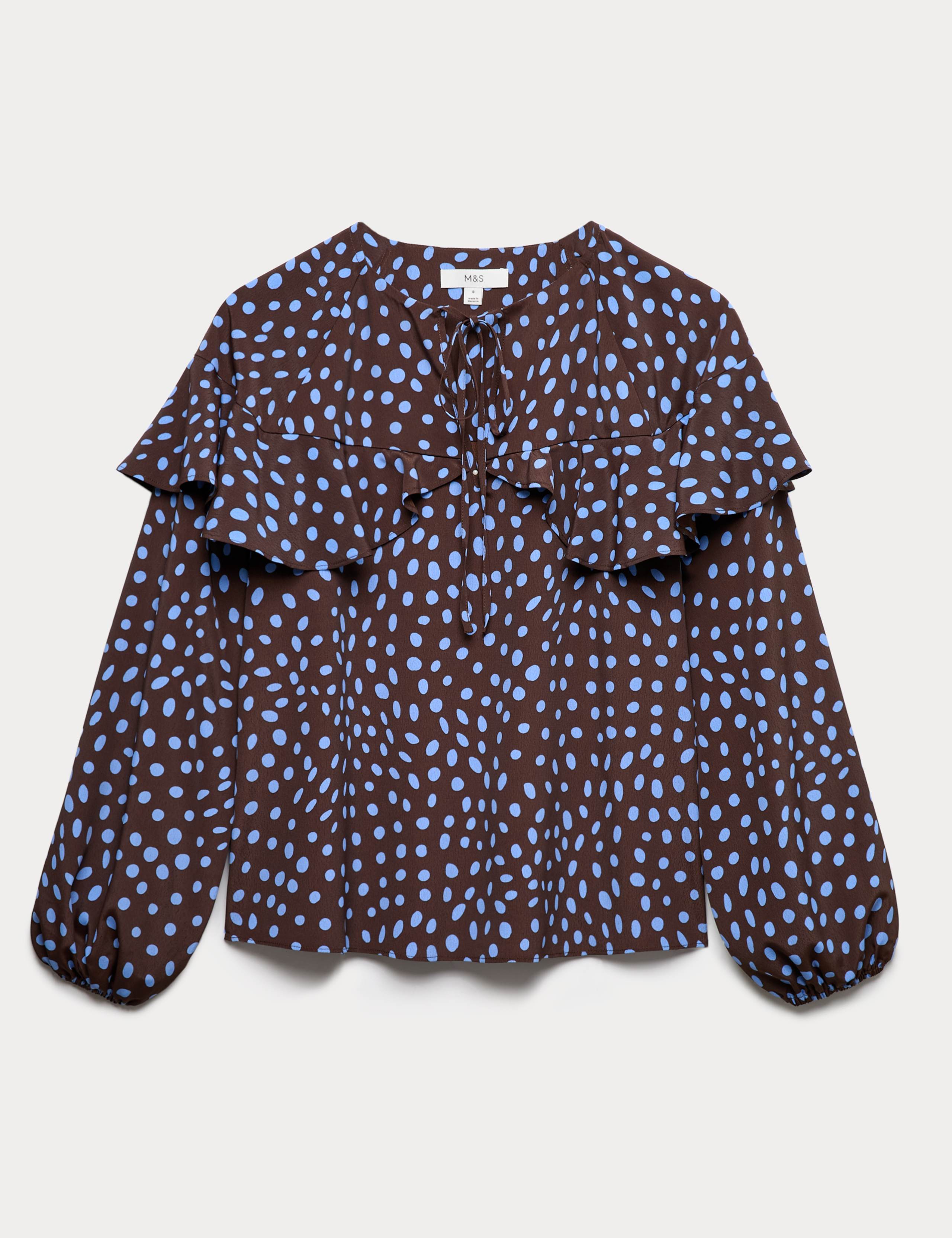 Spot Print Tie Front Frill Detail Top 1 of 1