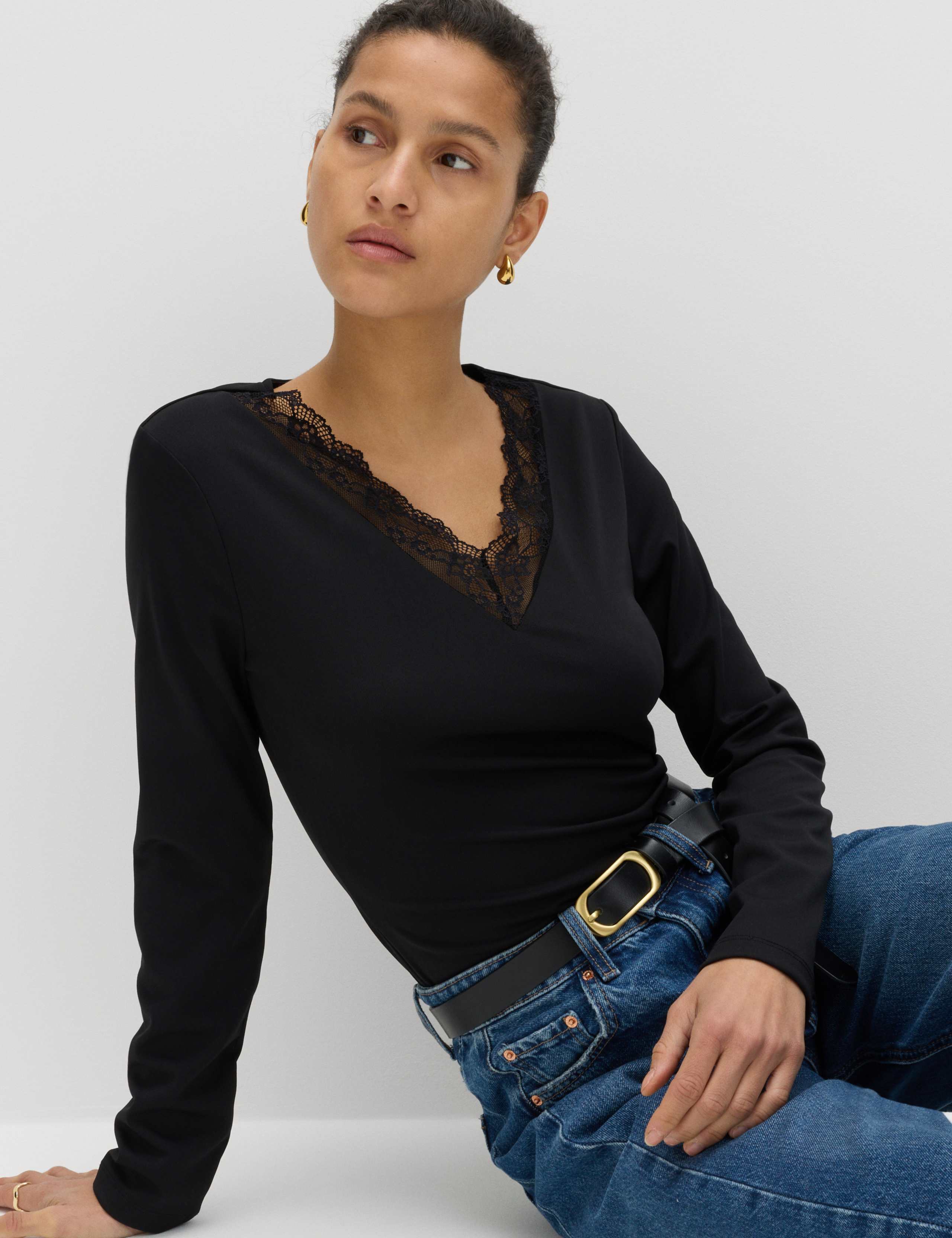 Jersey Lace Insert V-Neck Top 1 of 6