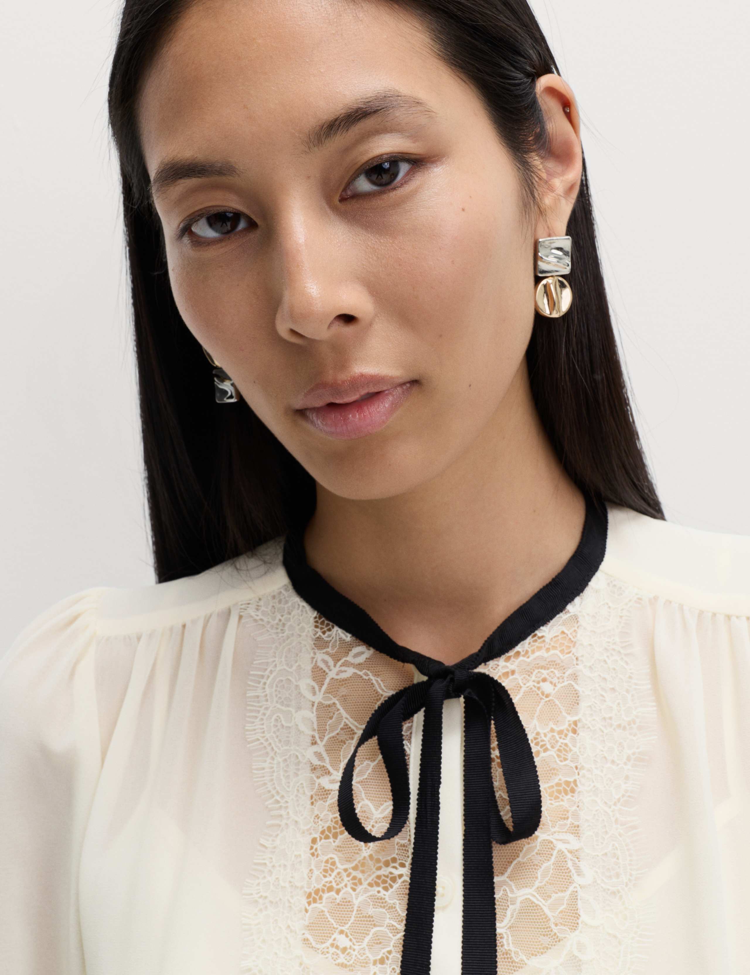 Contrast Tie Neck Frill Sleeve Lace Detail Top 4 of 5