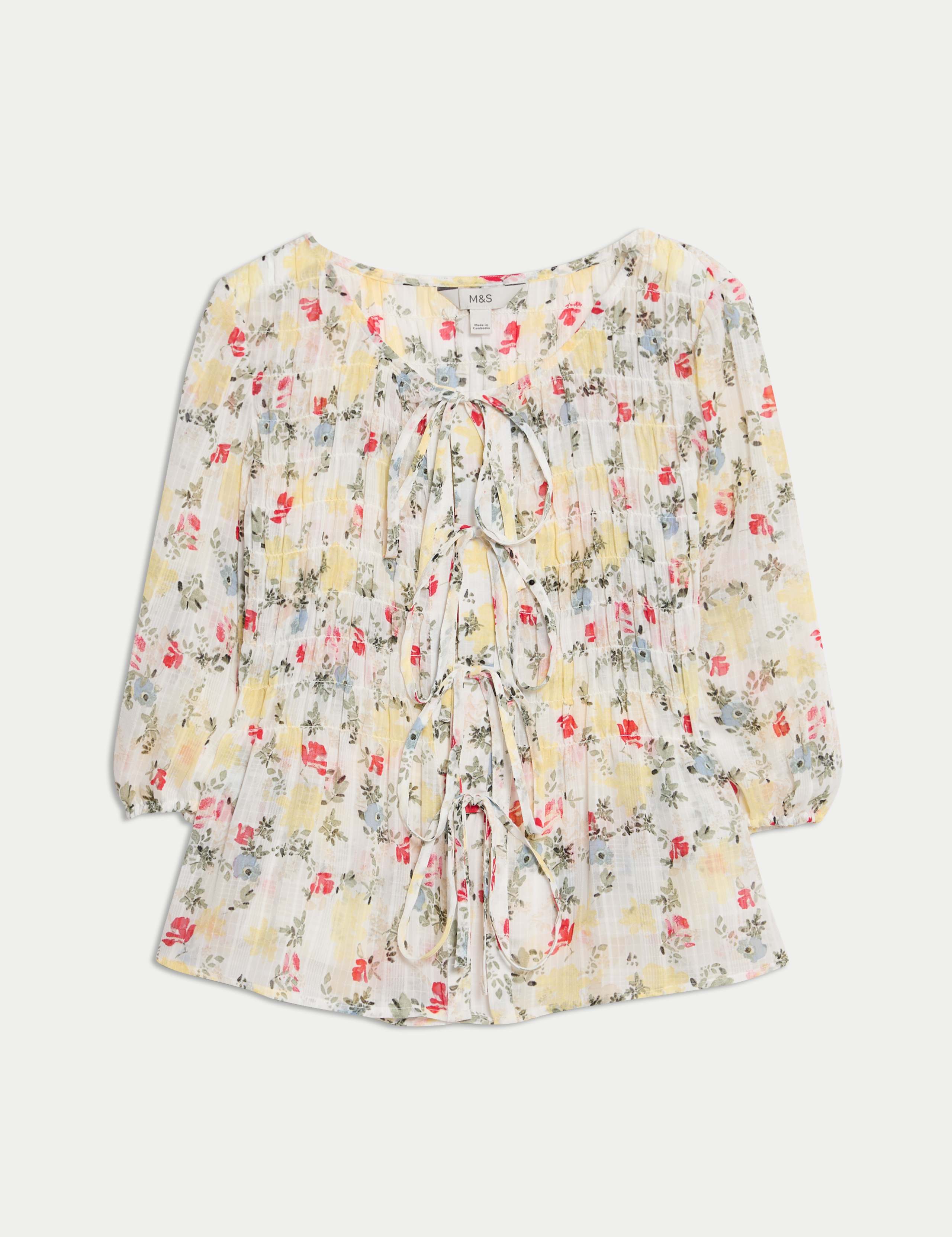 Printed Shirred Tie Detail Puff Sleeve Blouse 2 of 6