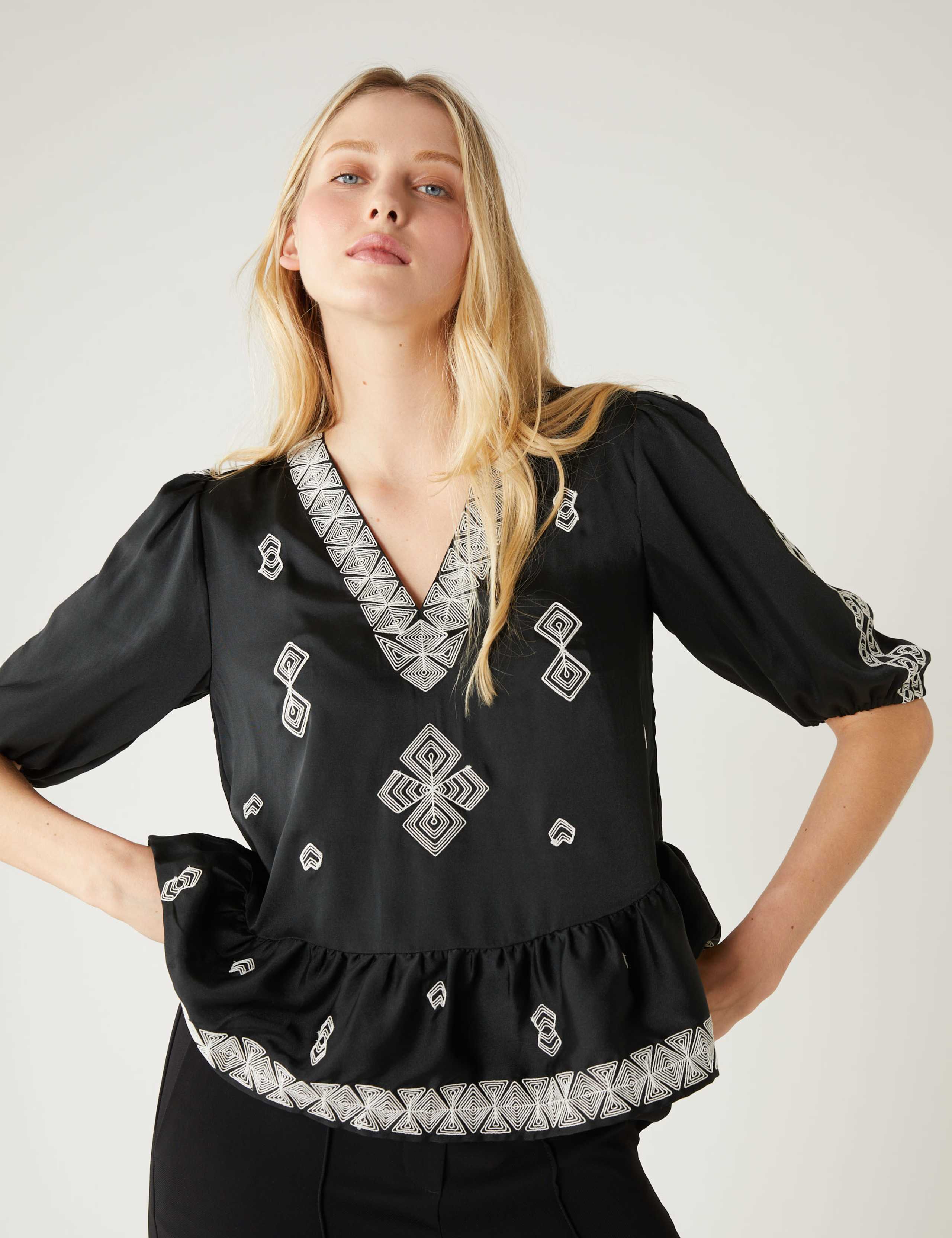 Satin Embroidered V-Neck Blouse 4 of 5