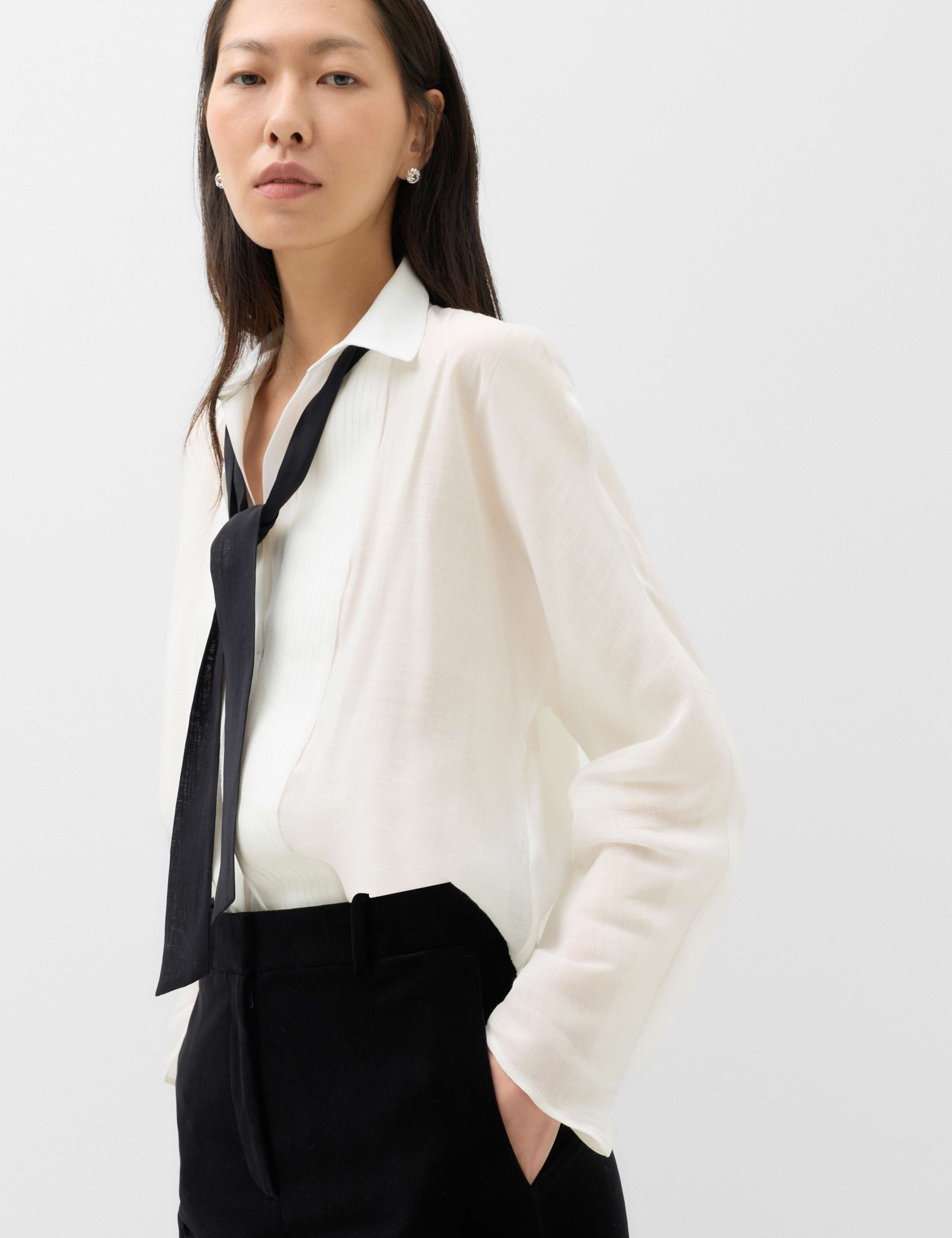 Sheer Collared Pintuck Tie Front Shirt 3 of 7