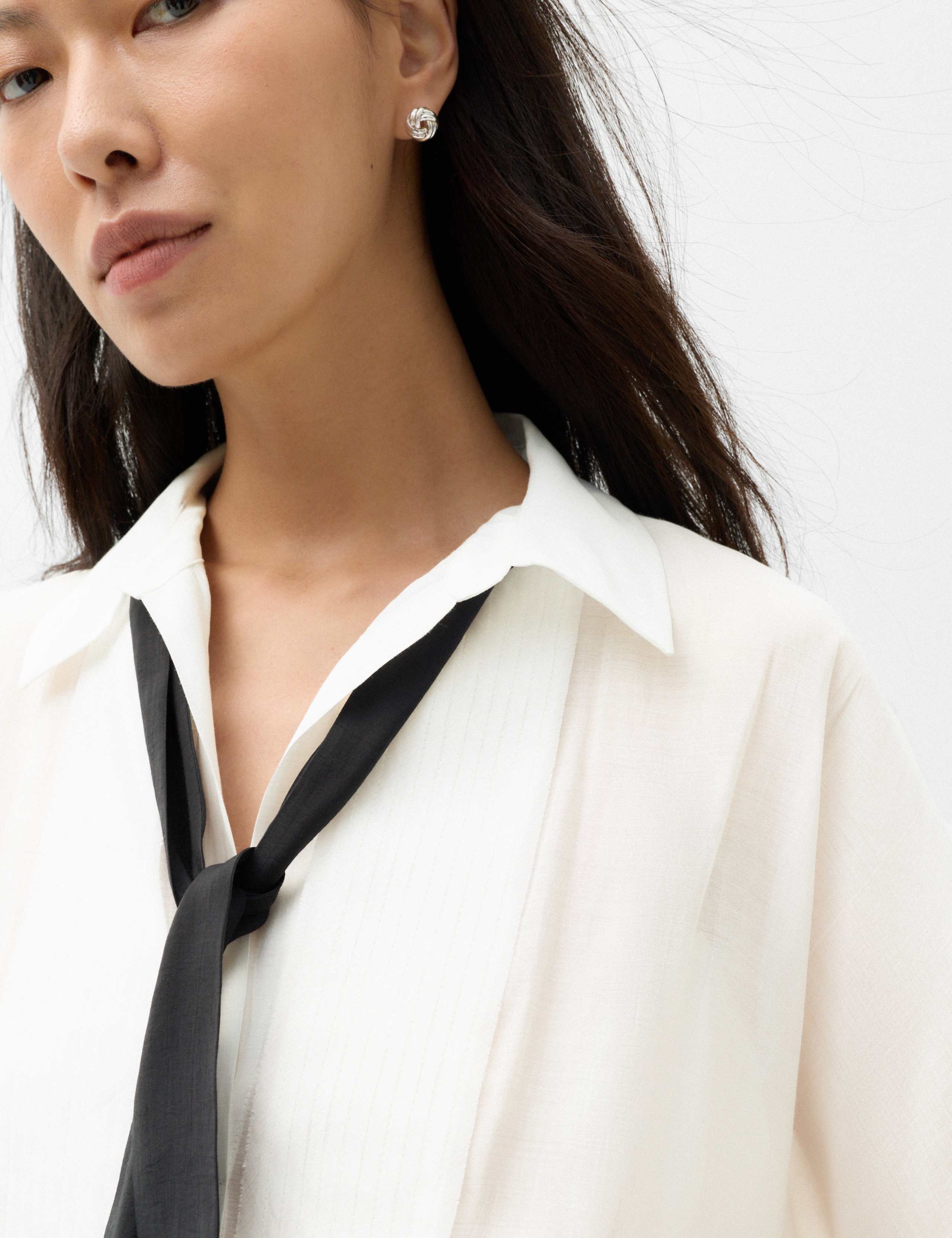 Sheer Collared Pintuck Tie Front Shirt 6 of 7
