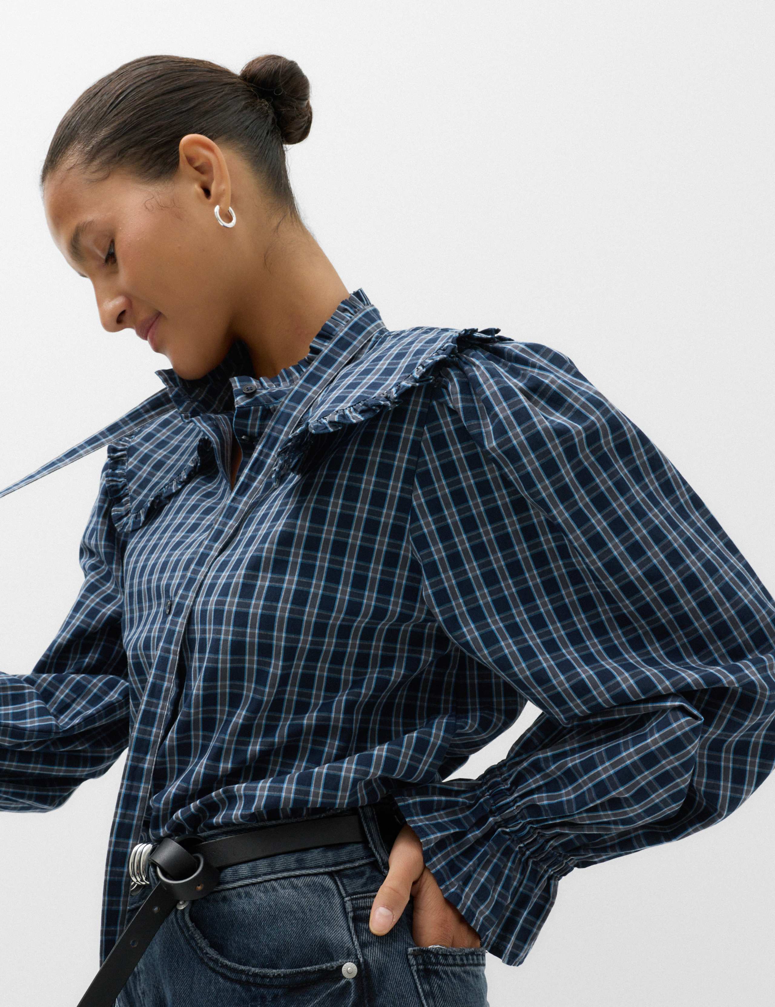 Pure Cotton Checked Tie Neck Shirt 3 of 6