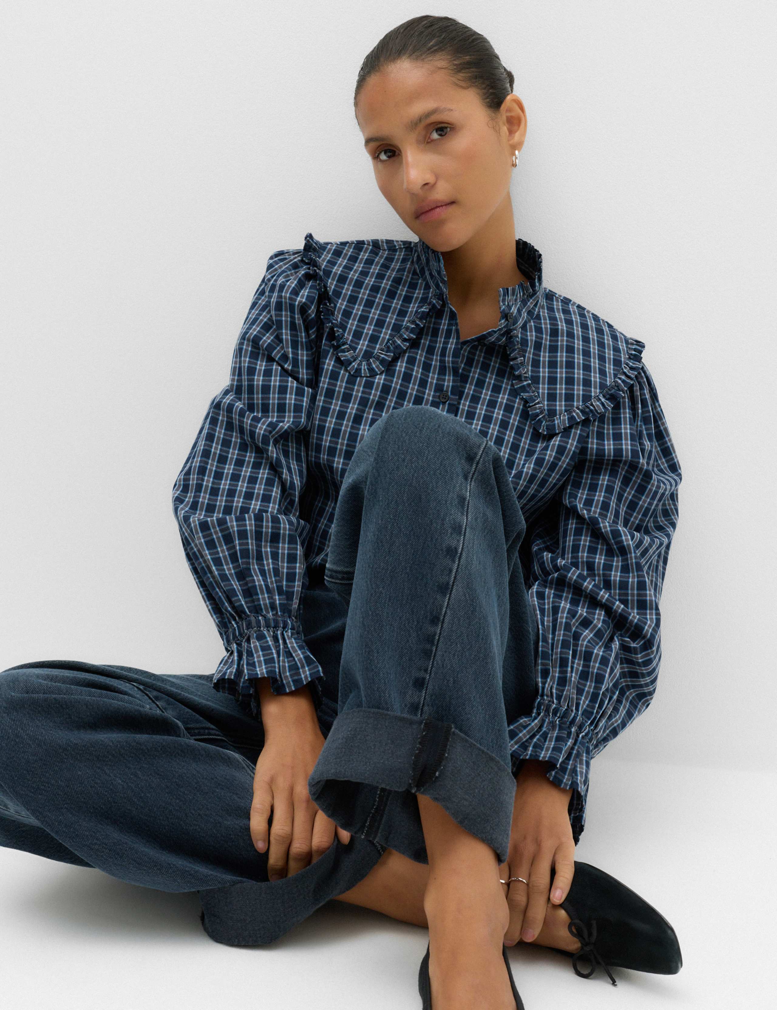 Pure Cotton Checked Tie Neck Shirt 4 of 6