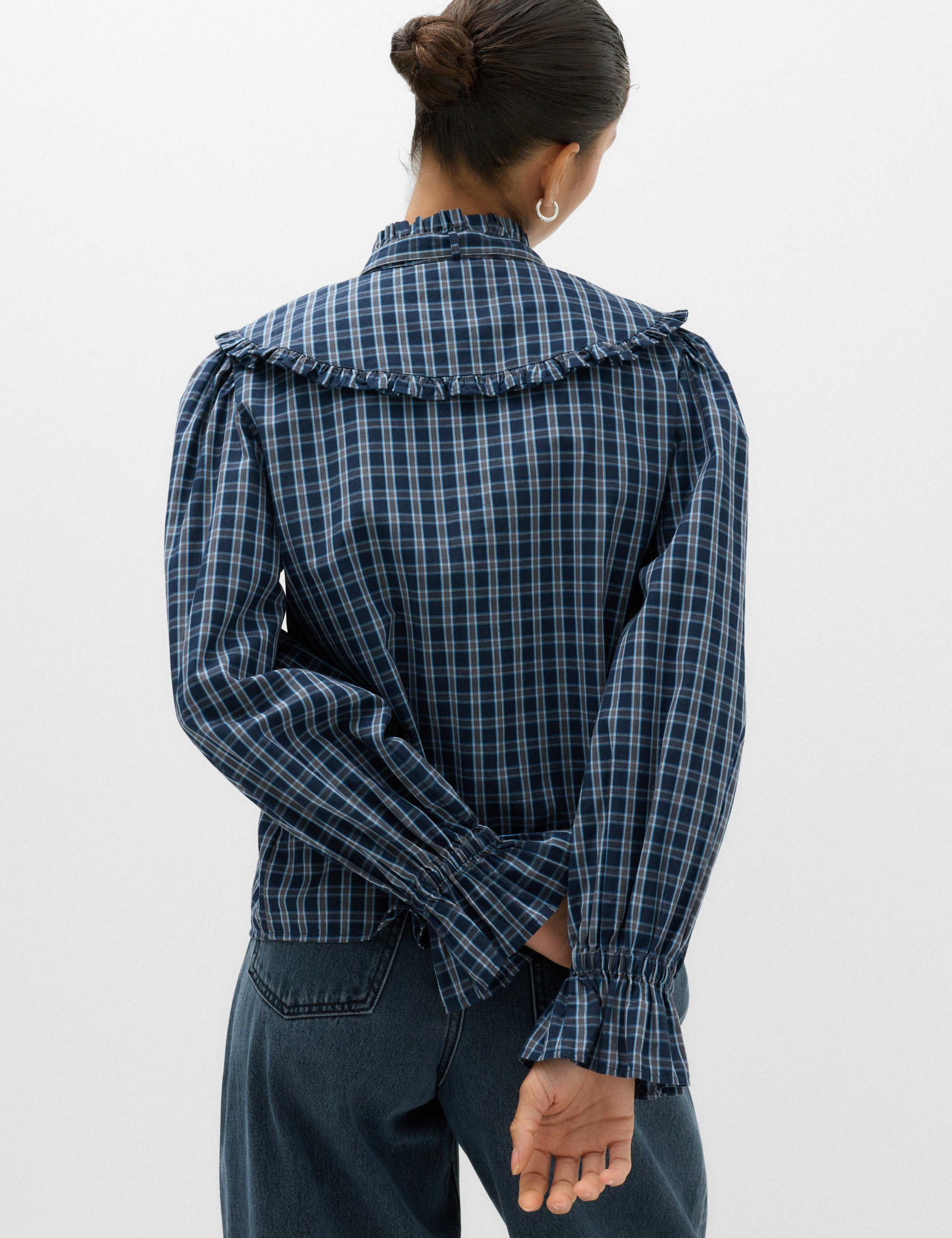 Pure Cotton Checked Tie Neck Shirt 5 of 6
