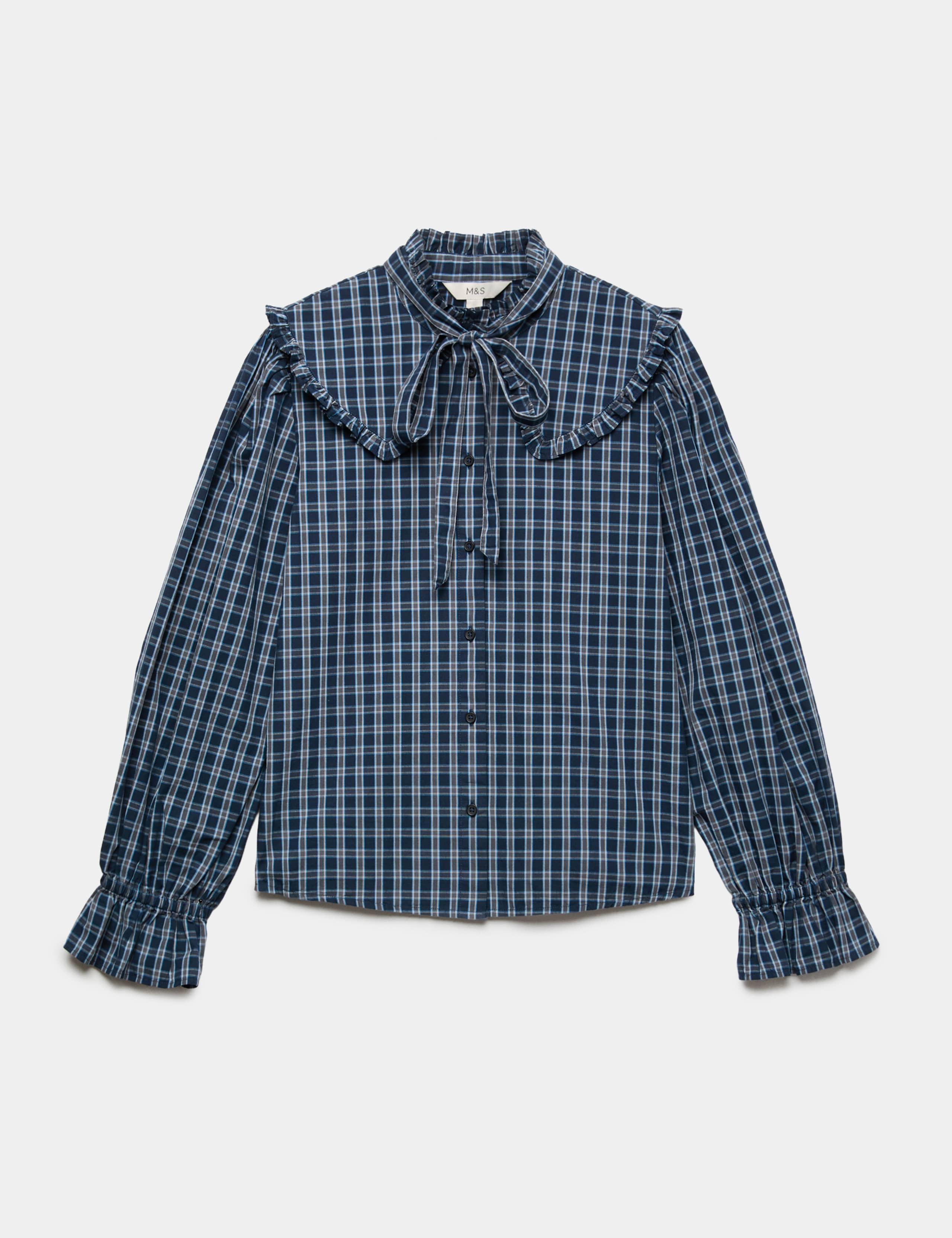 Pure Cotton Checked Tie Neck Shirt 2 of 6