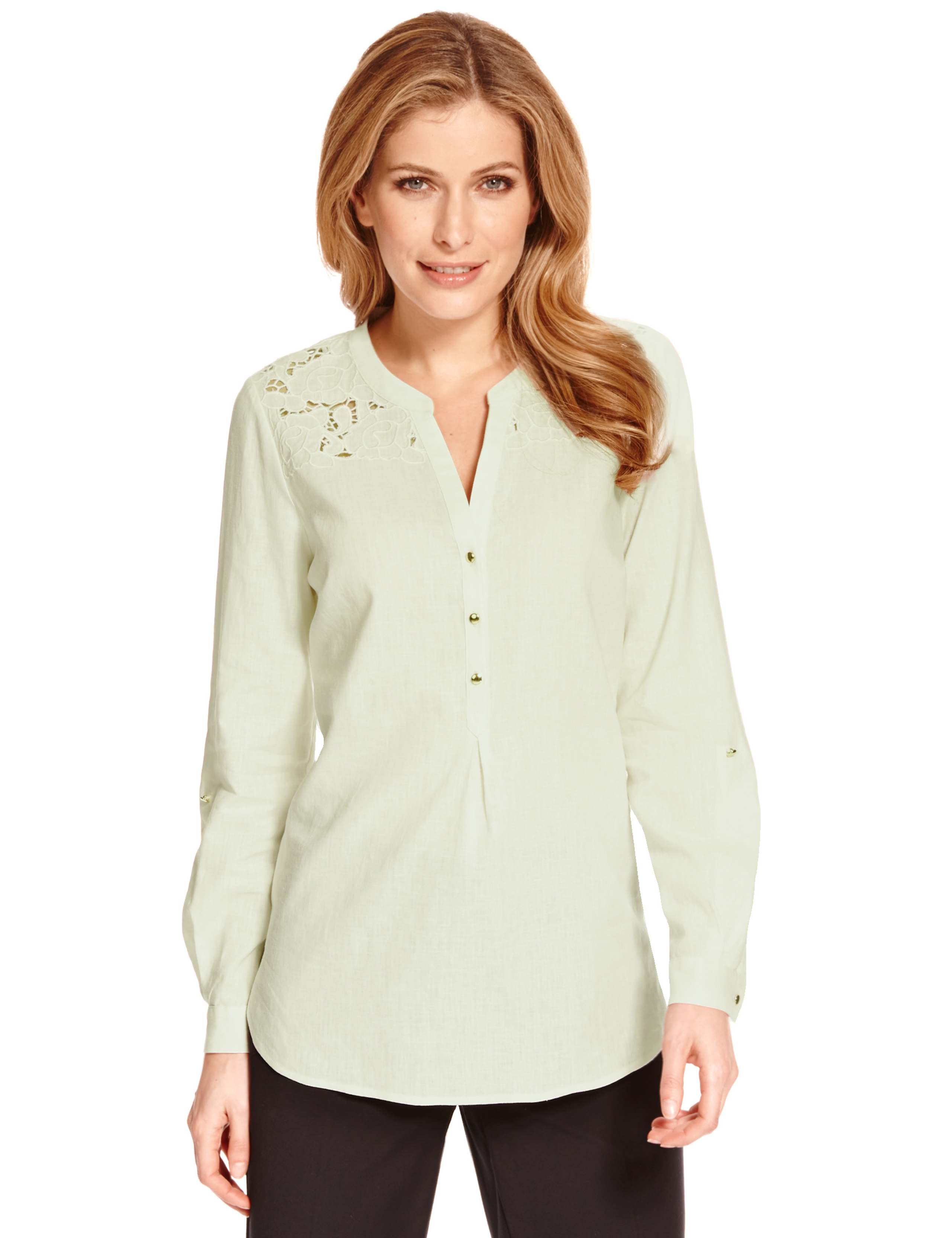 Linen Blend Cutwork Yoke Shirt 1 of 6