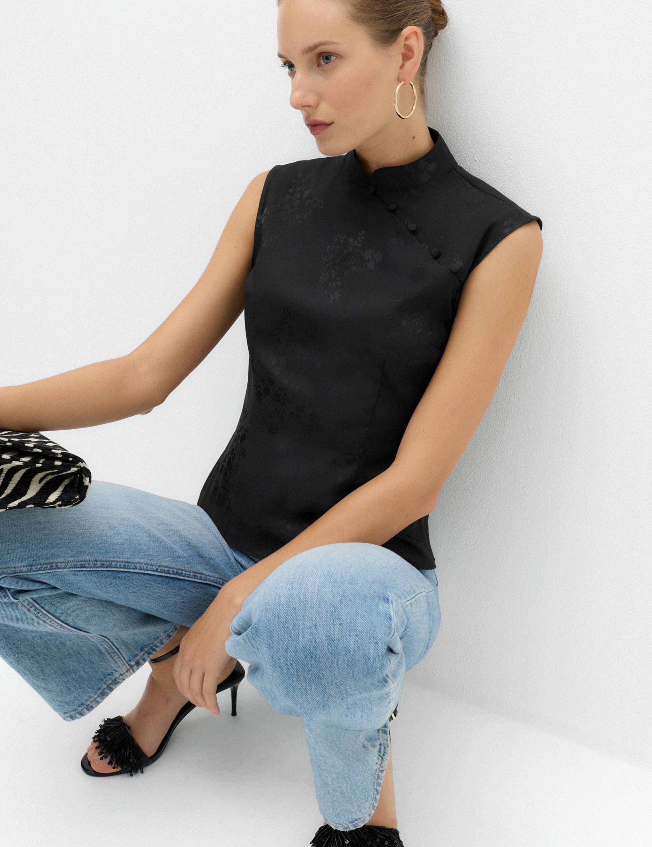 Satin Jacquard High Neck Mandarin Detail Top 1 of 5