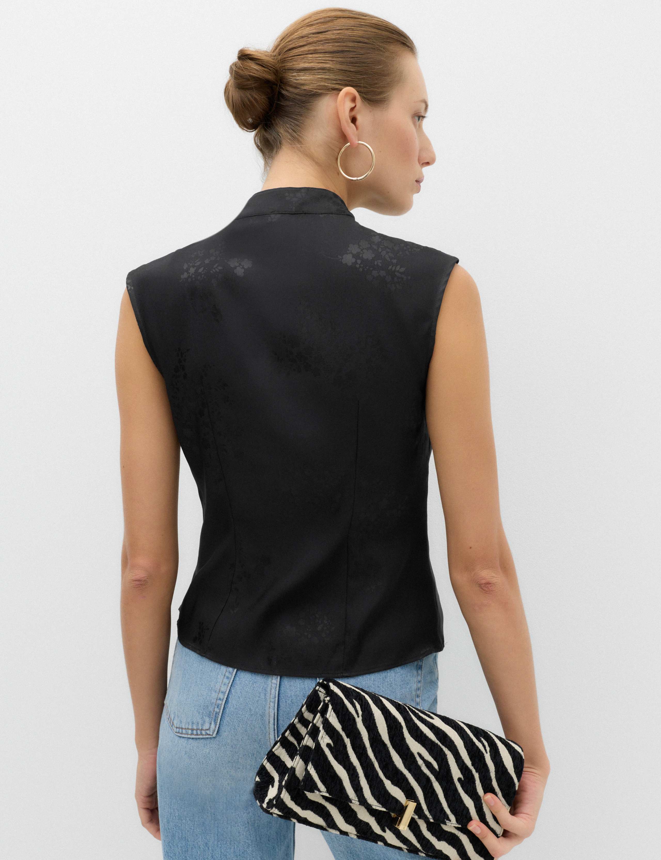 Satin Jacquard High Neck Mandarin Detail Top 3 of 5