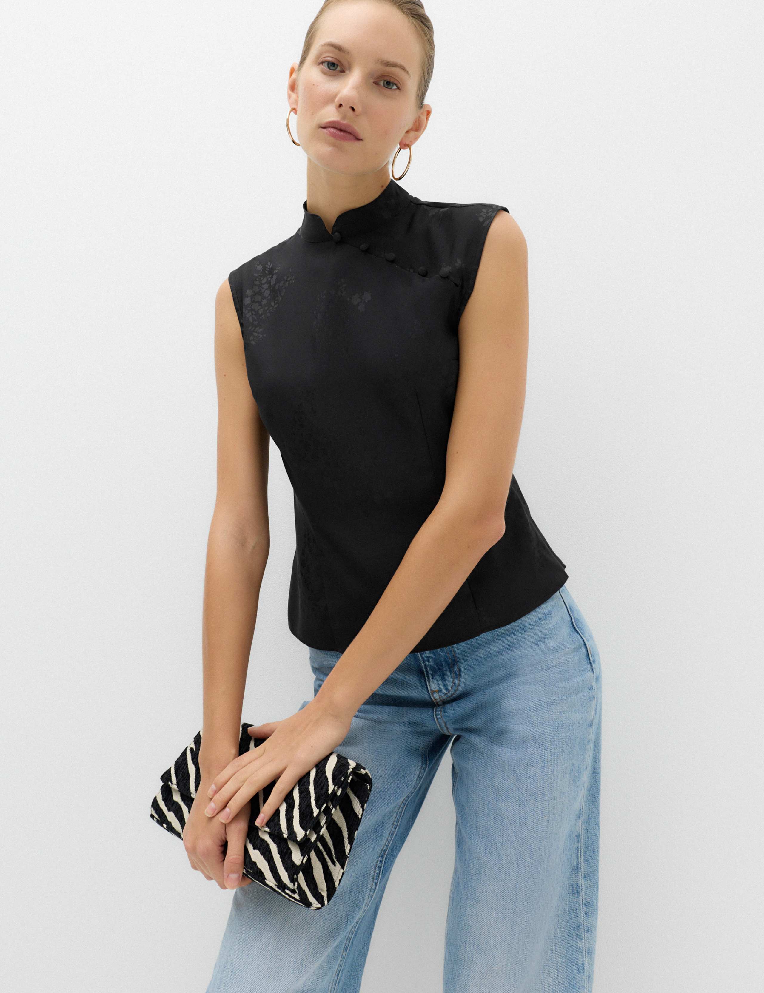 Satin Jacquard High Neck Mandarin Detail Top 5 of 5