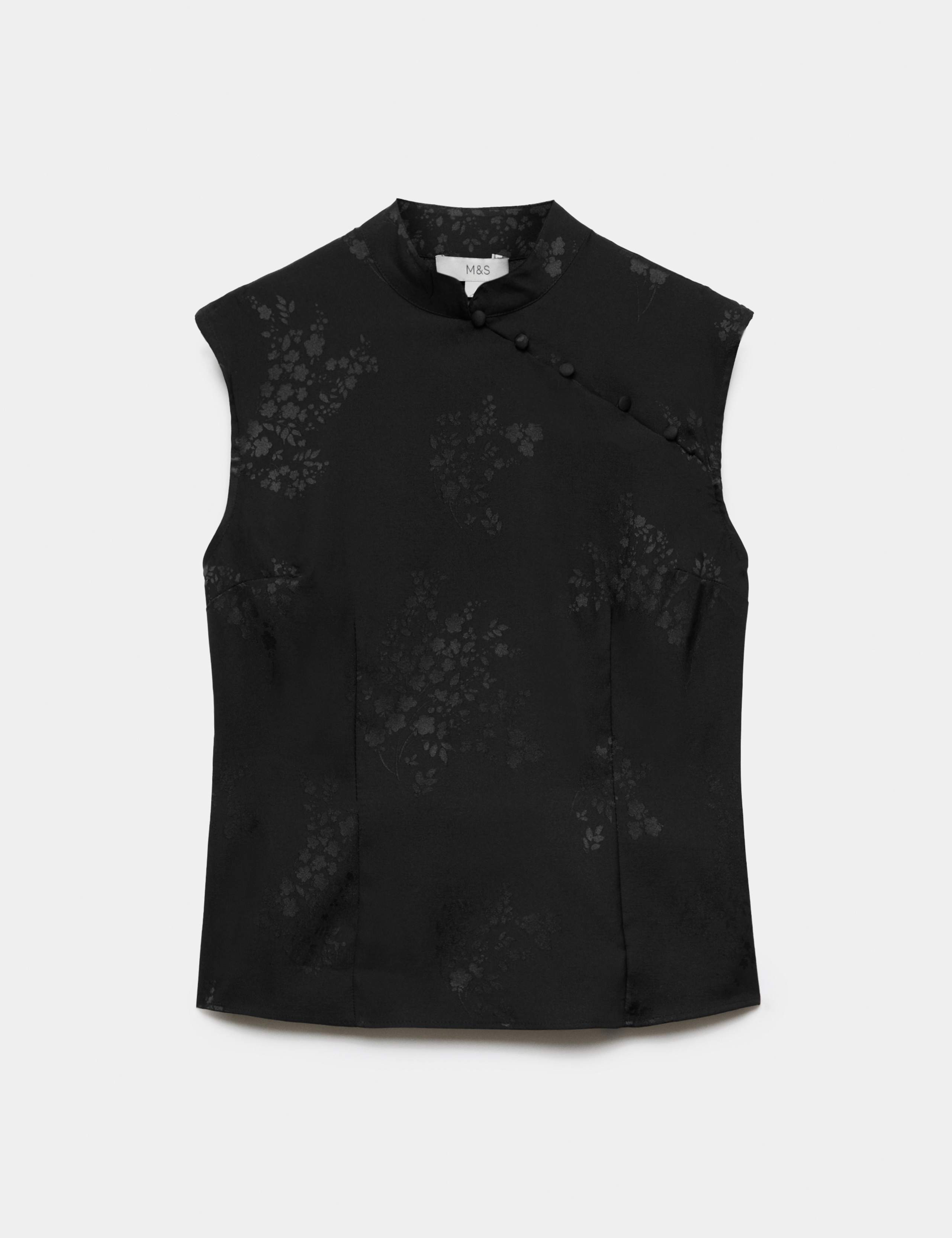 Satin Jacquard High Neck Mandarin Detail Top 2 of 5