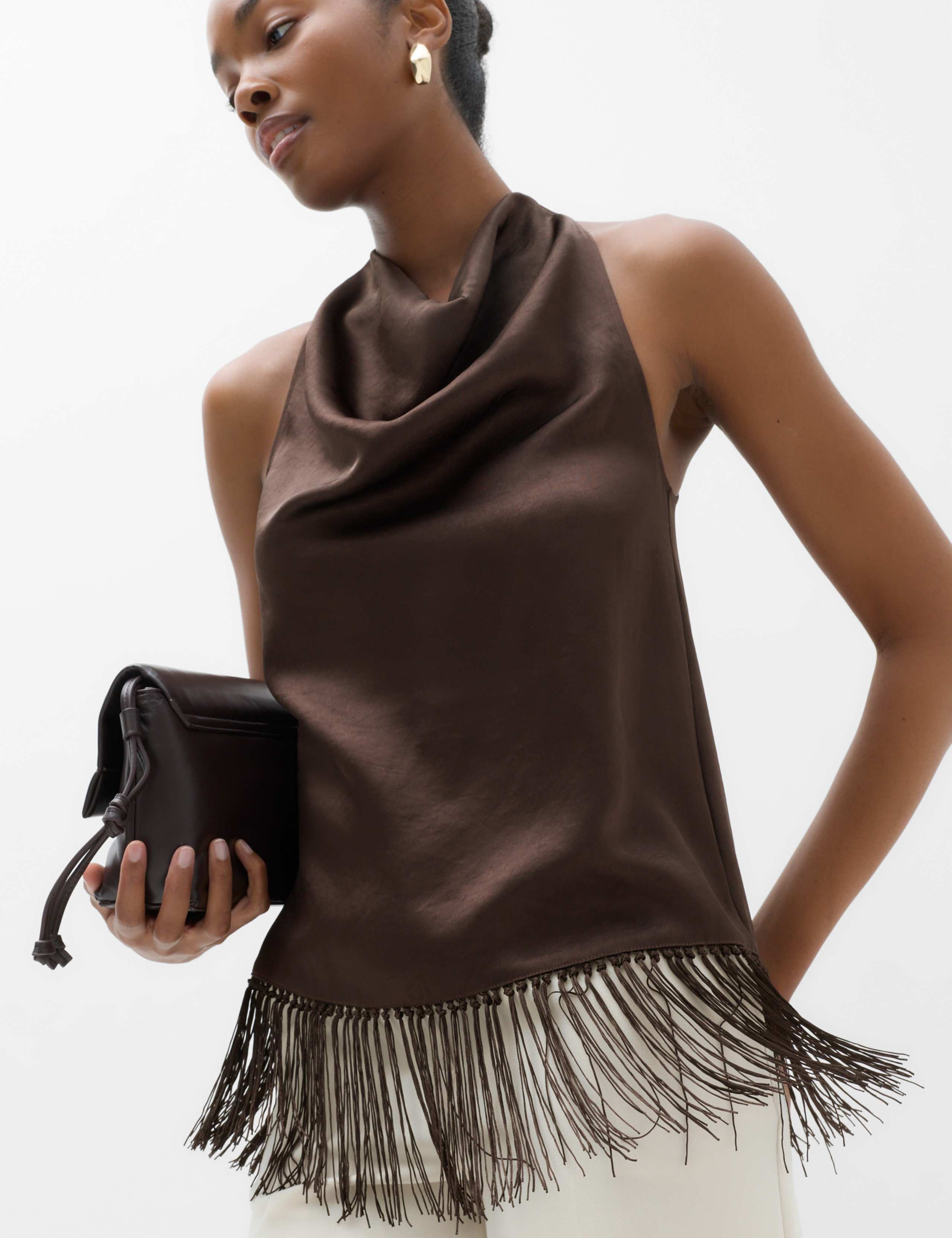 Satin Cowl Neck Fringe Detail Cami Top 1 of 5
