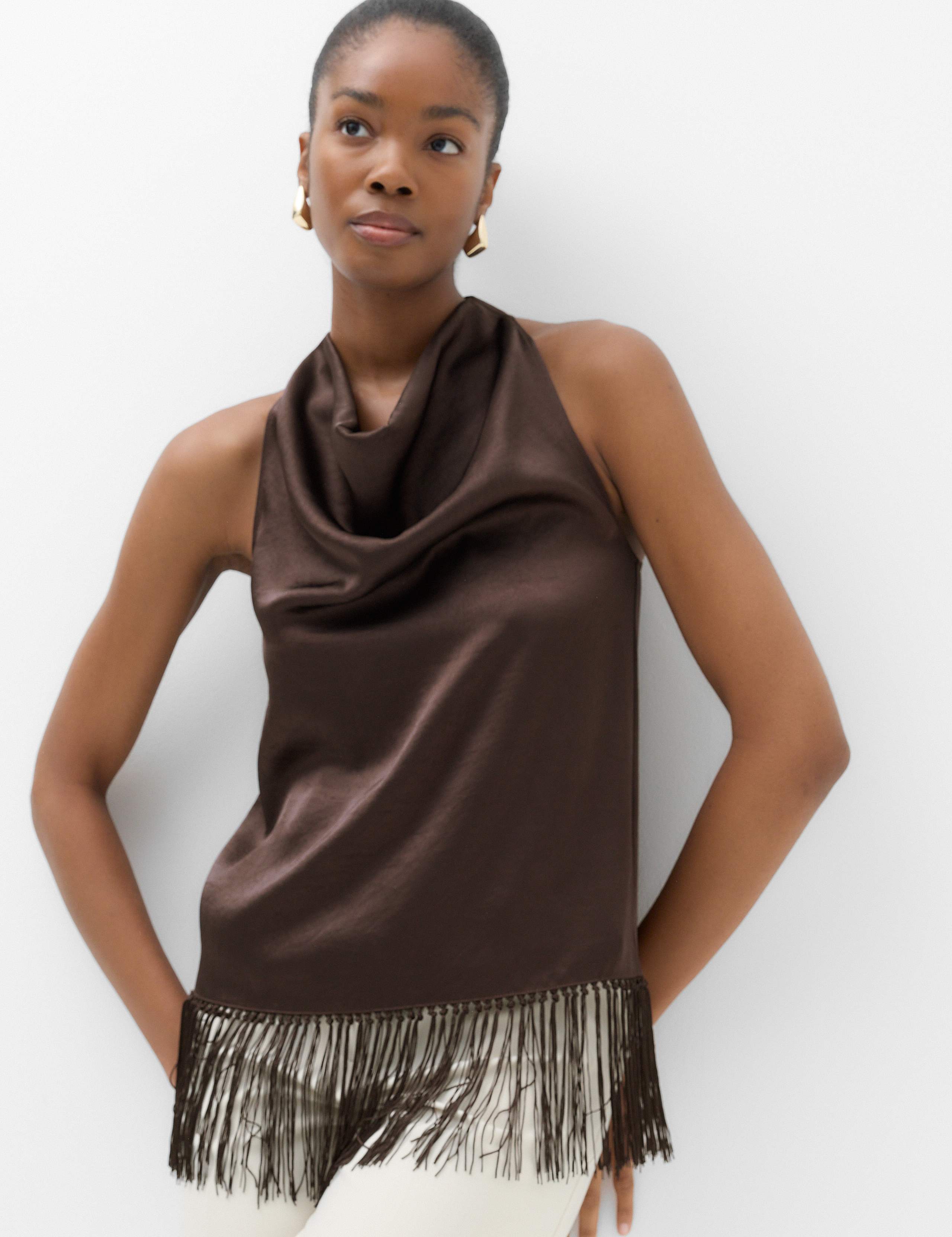 Satin Cowl Neck Fringe Detail Cami Top 5 of 5