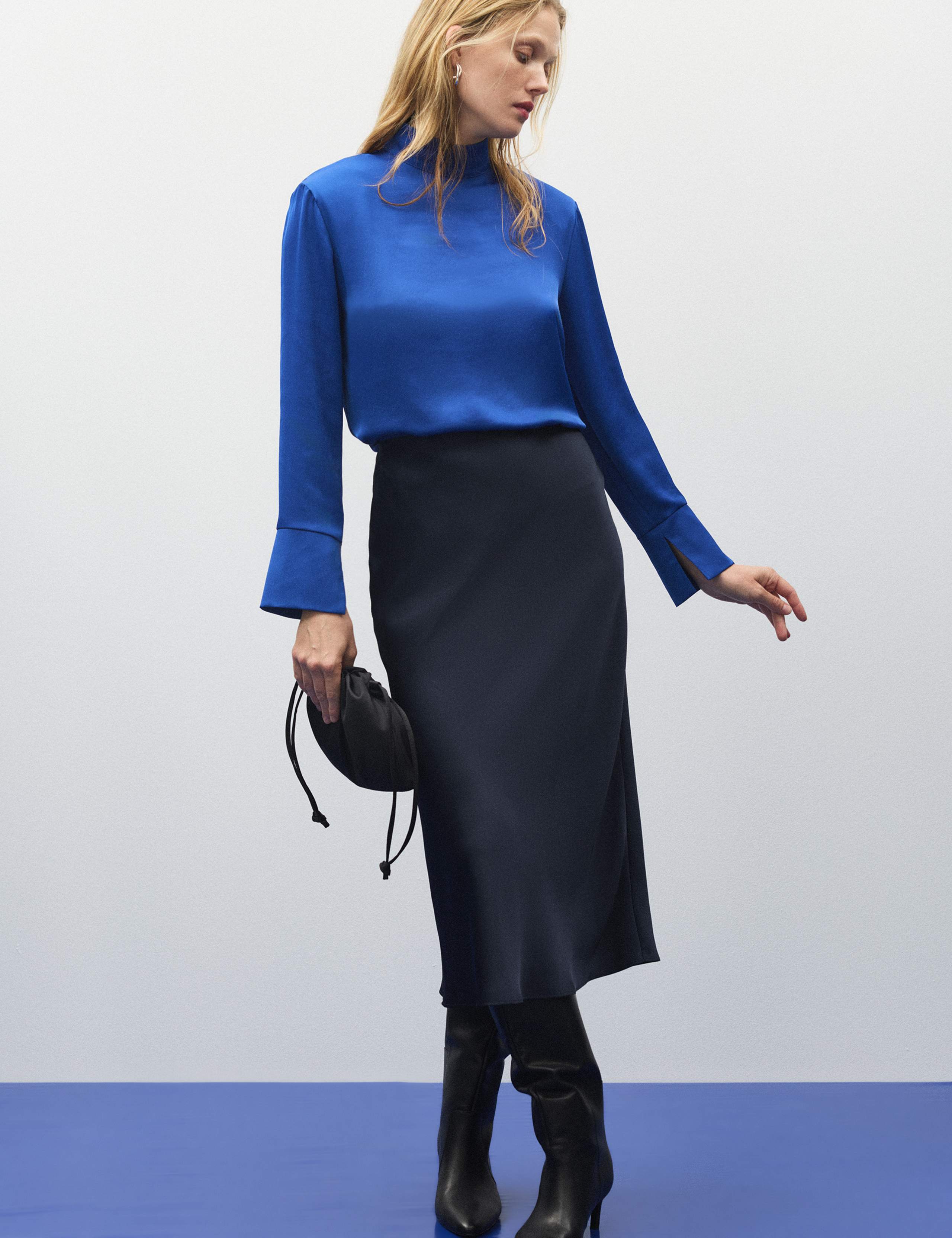 Satin High Neck Padded Shoulder Top 3 of 8