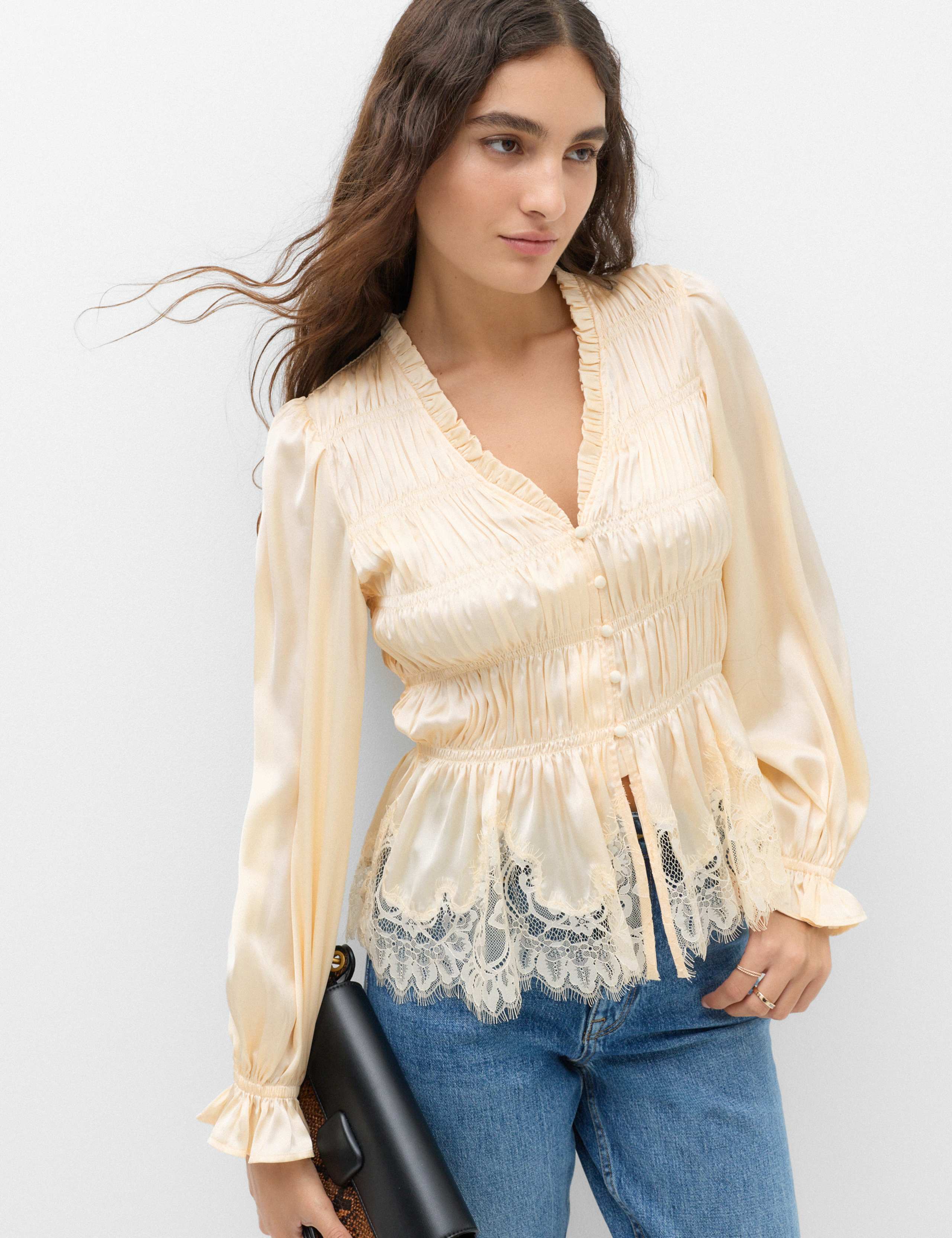 Satin Lace V Neck Shirred Top 3 of 6