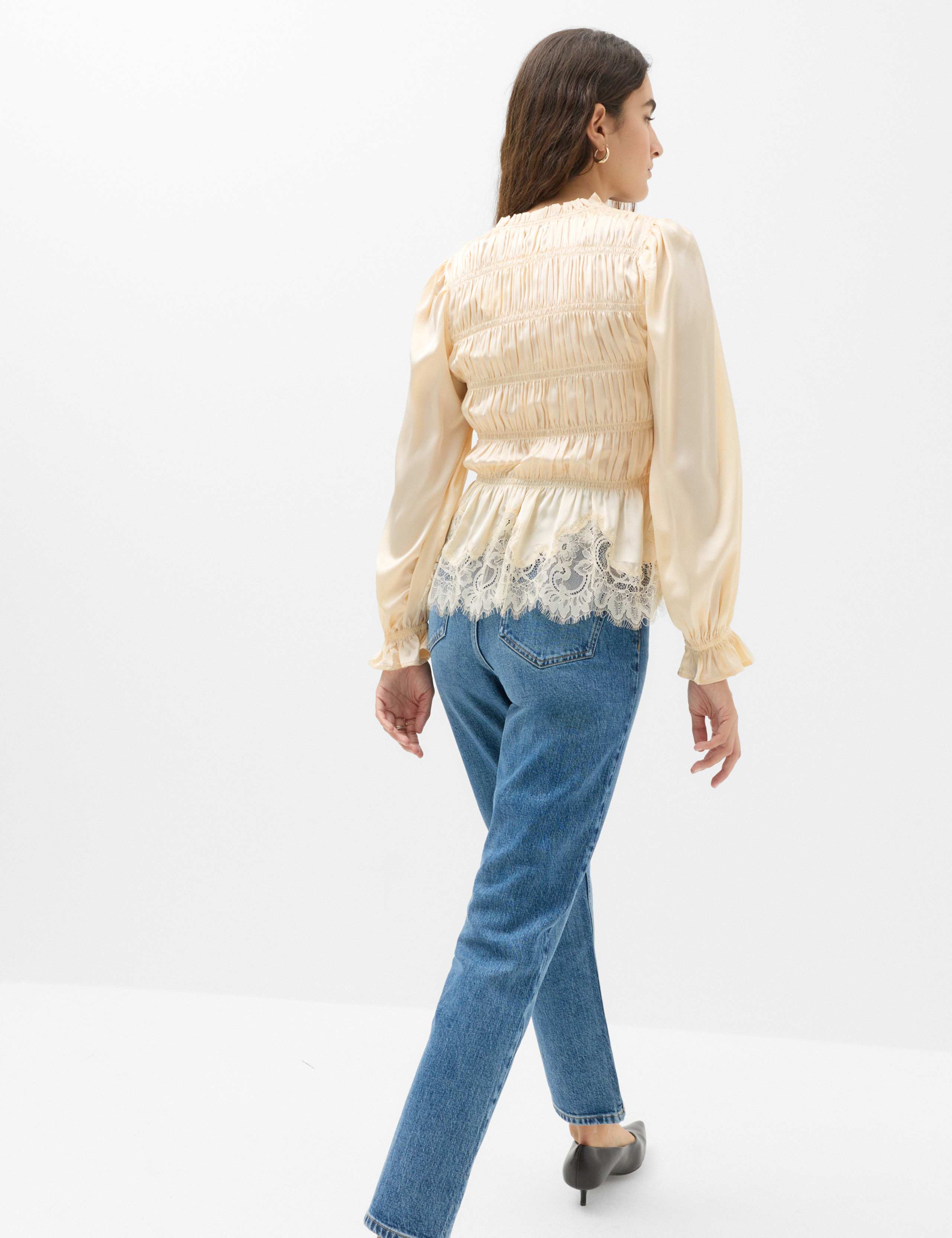 Satin Lace V Neck Shirred Top 5 of 6