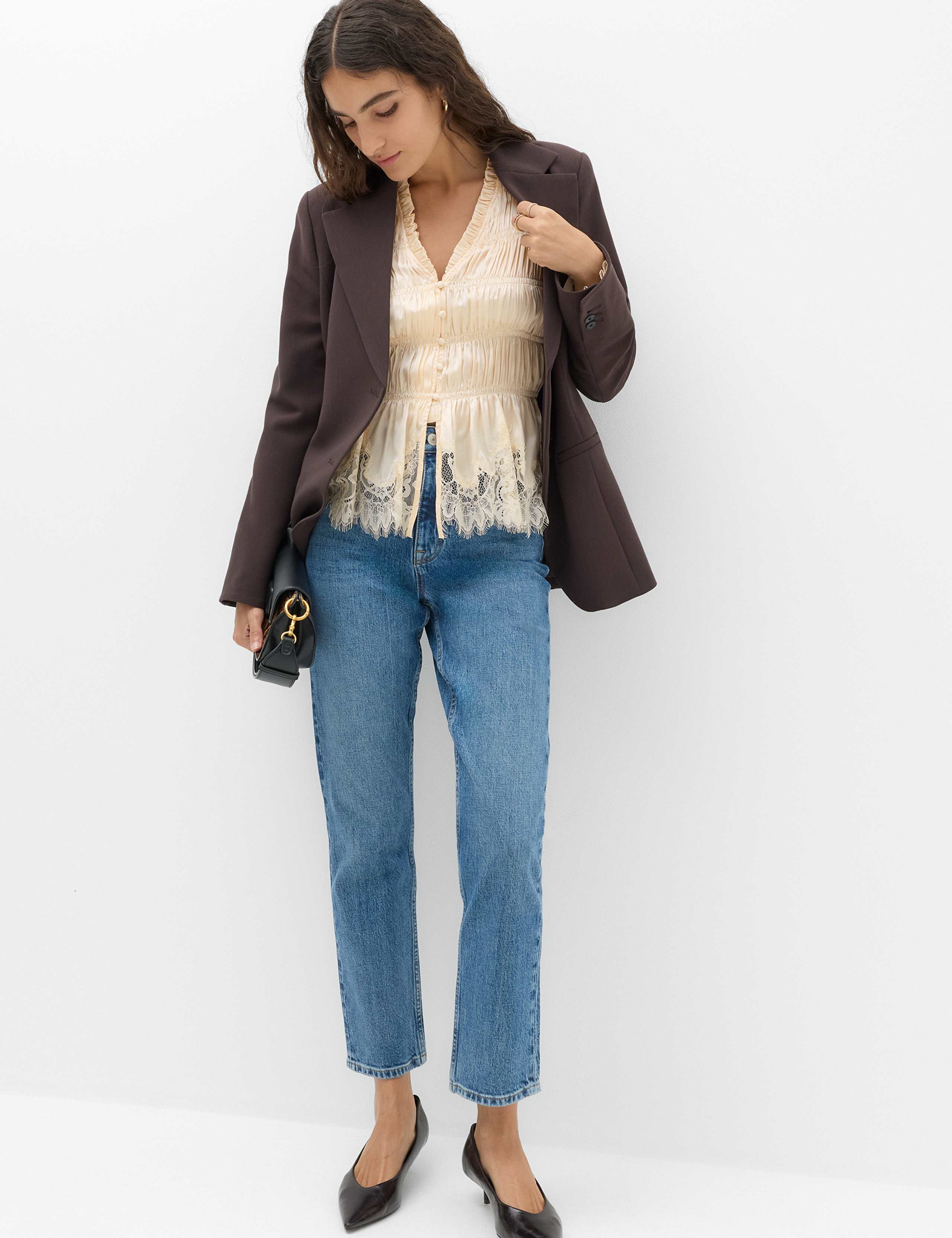 Satin Lace V Neck Shirred Top 6 of 6