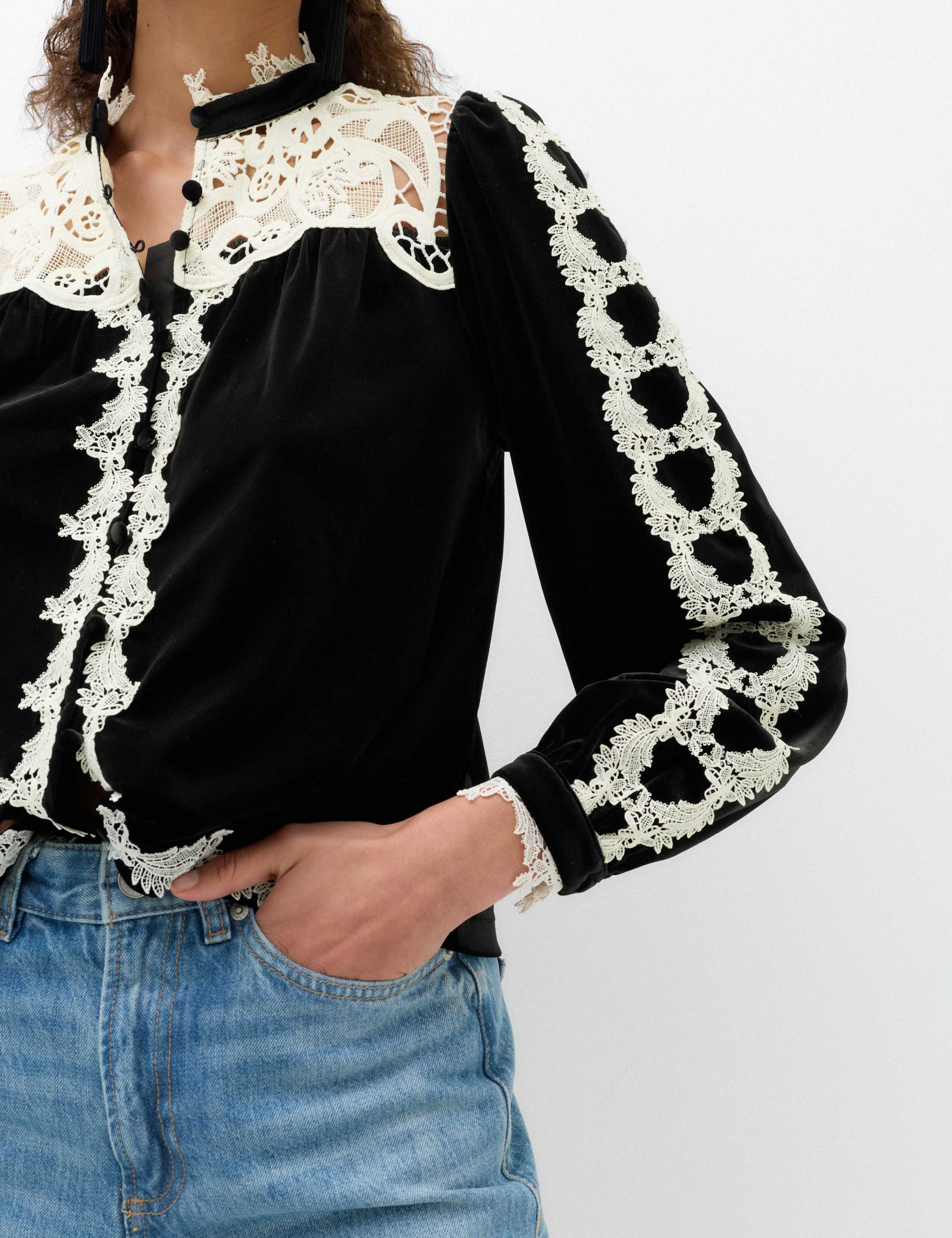 Velvet High Neck Lace Insert Blouse 3 of 6