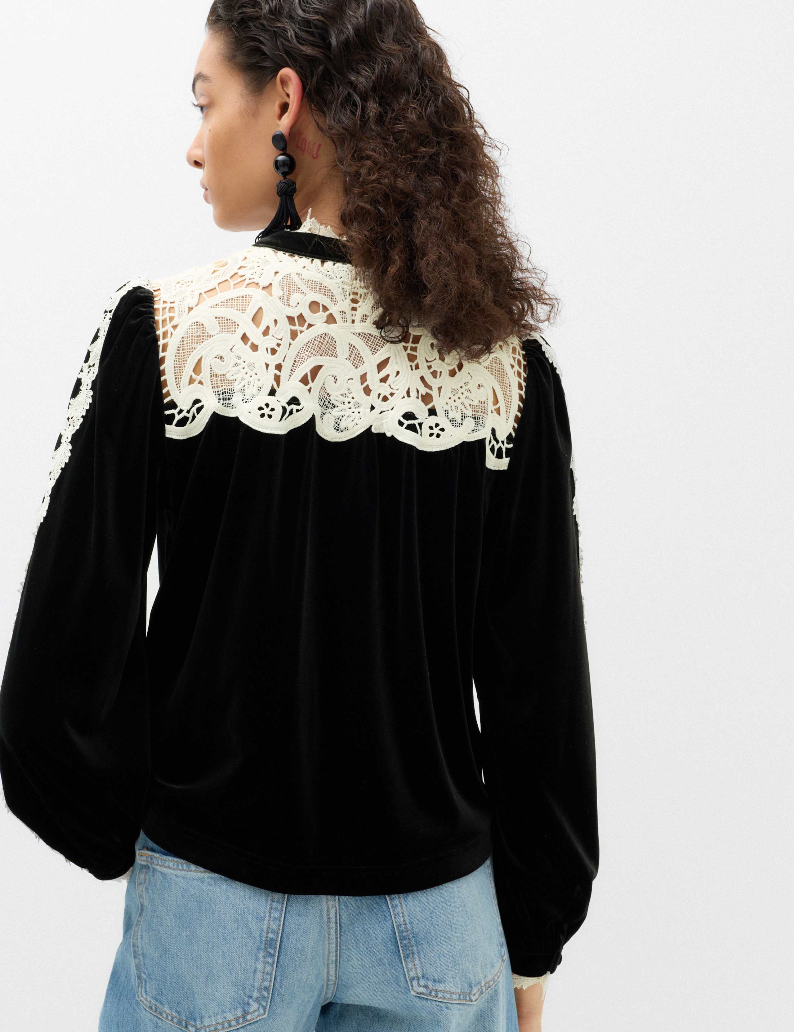 Velvet High Neck Lace Insert Blouse 4 of 6