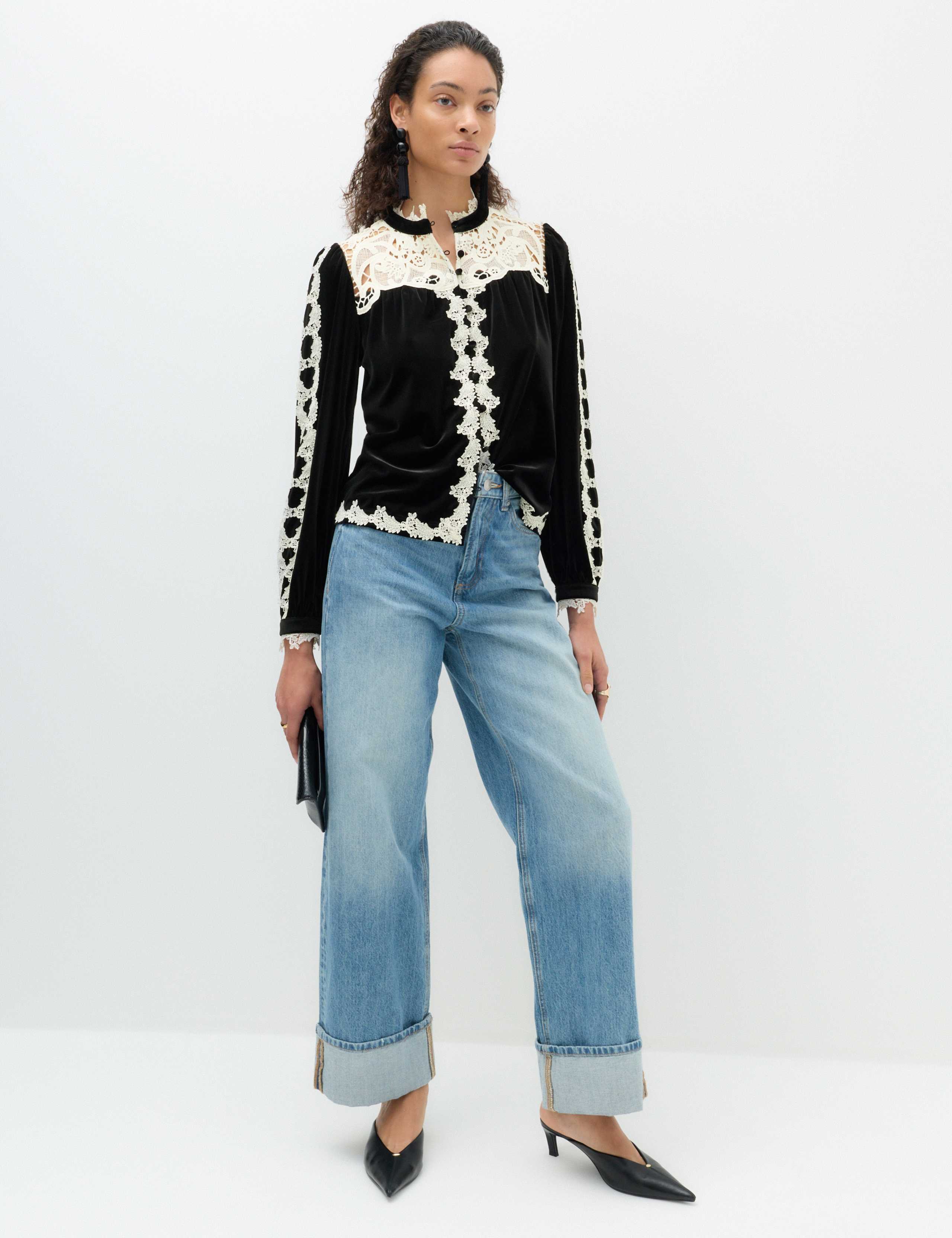 Velvet High Neck Lace Insert Blouse 5 of 6