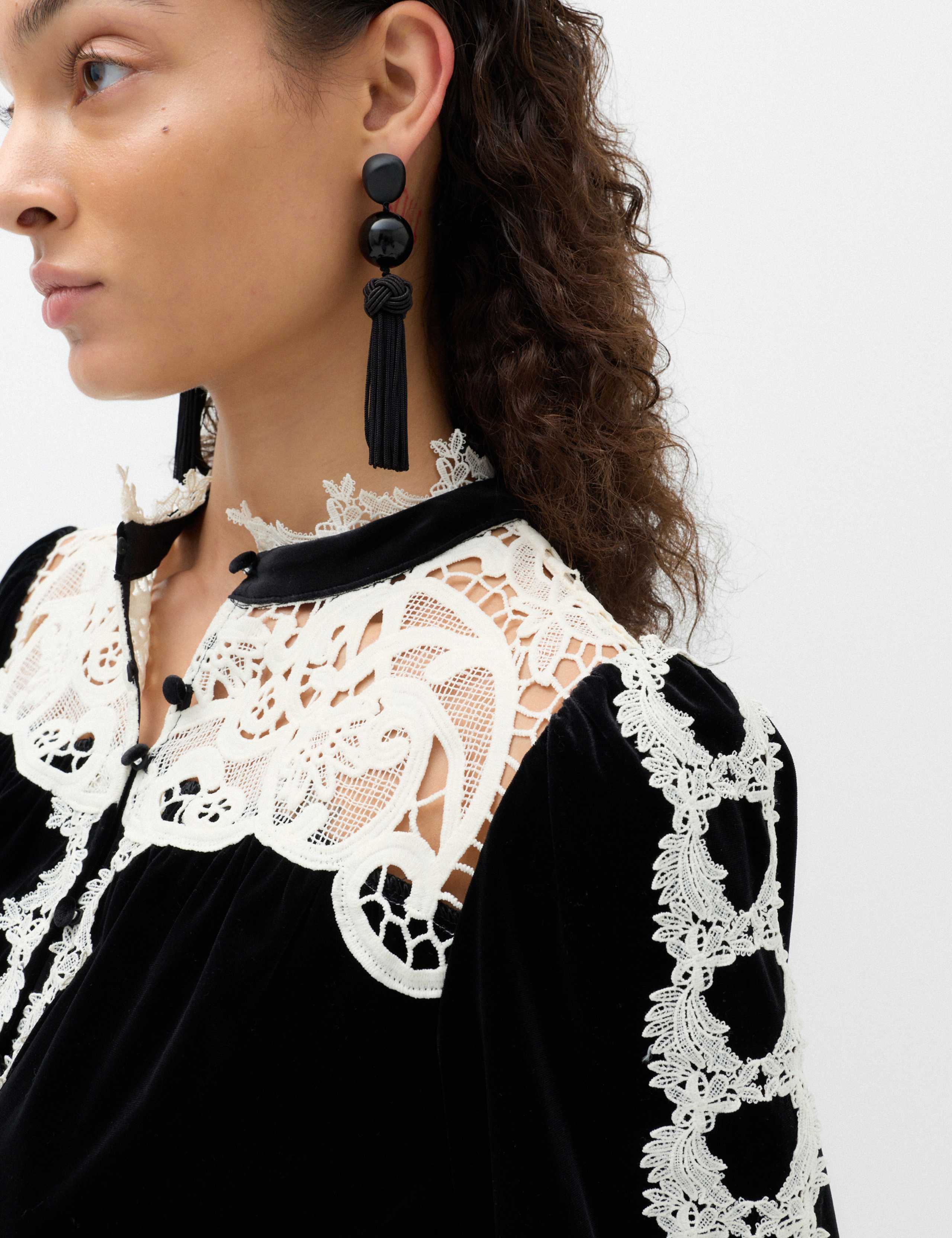 Velvet High Neck Lace Insert Blouse 6 of 6