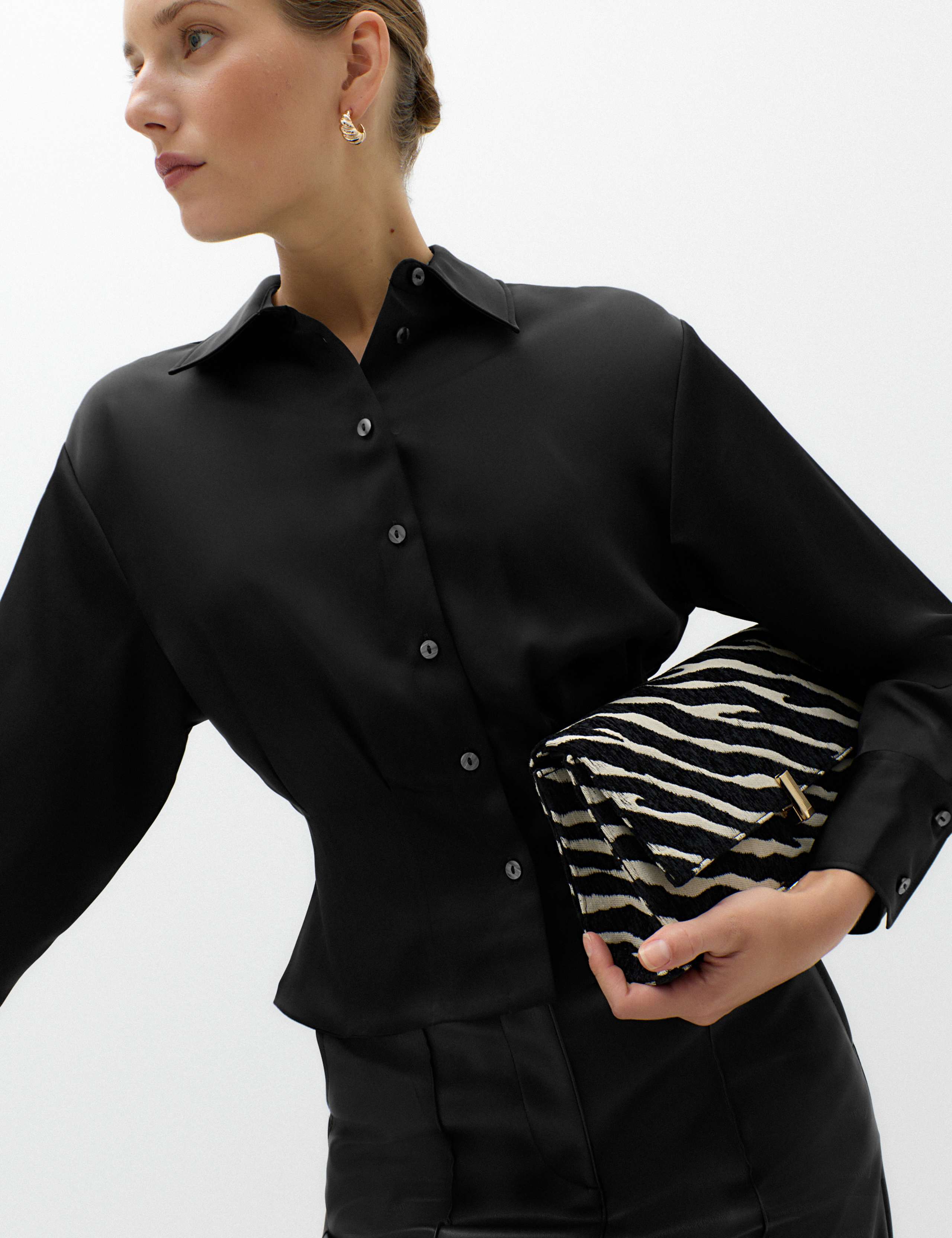 Satin Collared Button Through Waisted Shirt 1 of 5