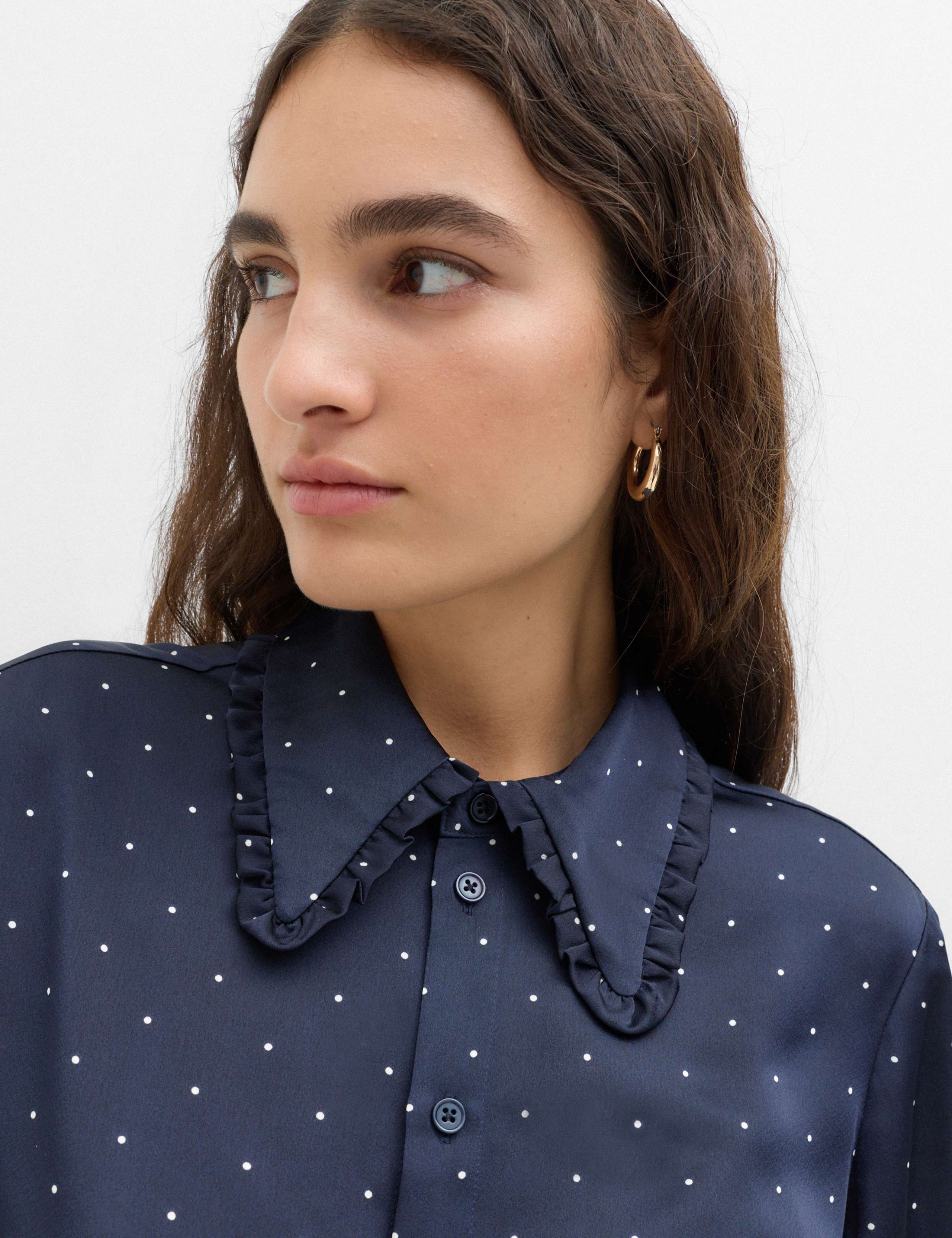 Satin Polka Dot Collared Frill Detail Shirt 4 of 7