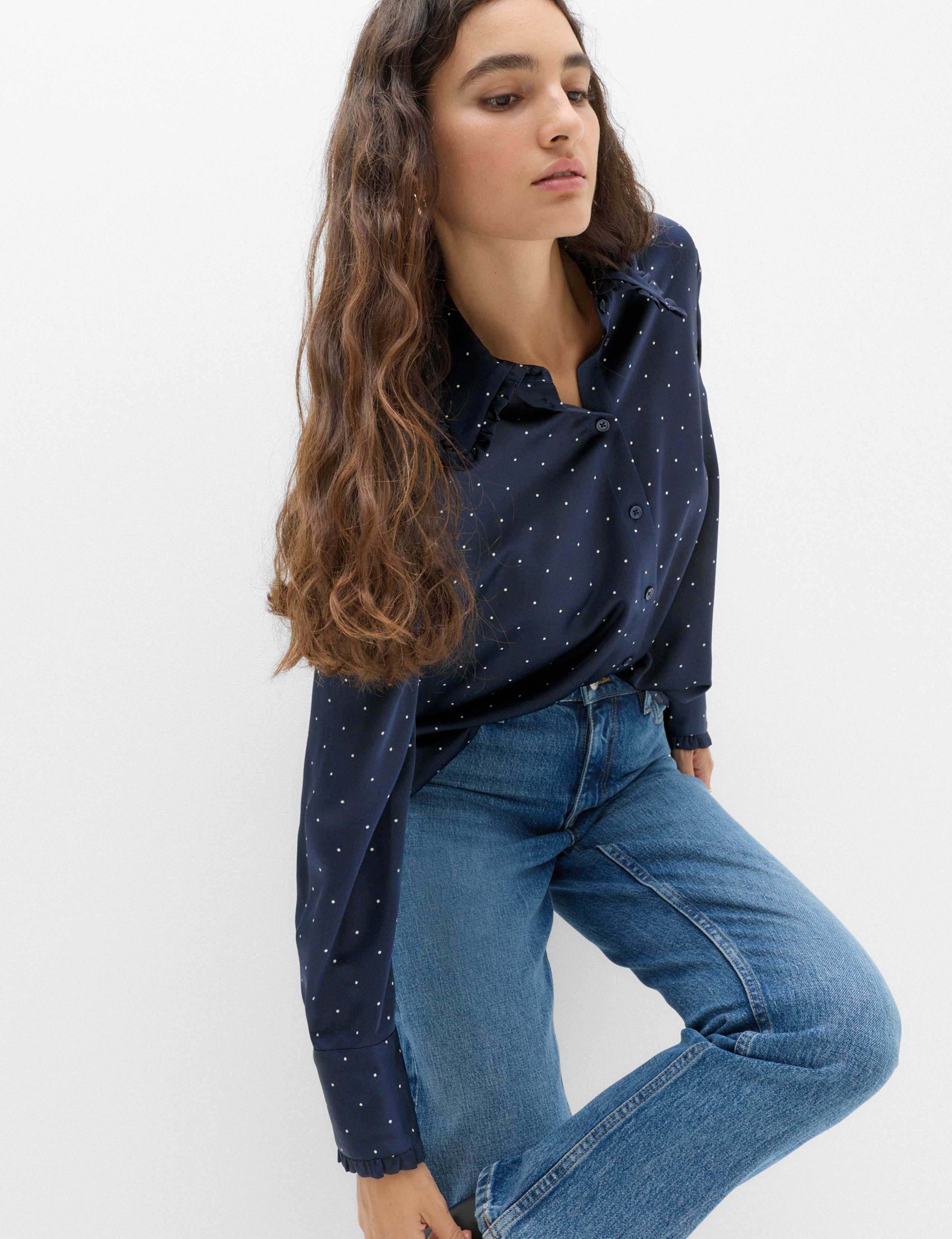 Satin Polka Dot Collared Frill Detail Shirt 6 of 7