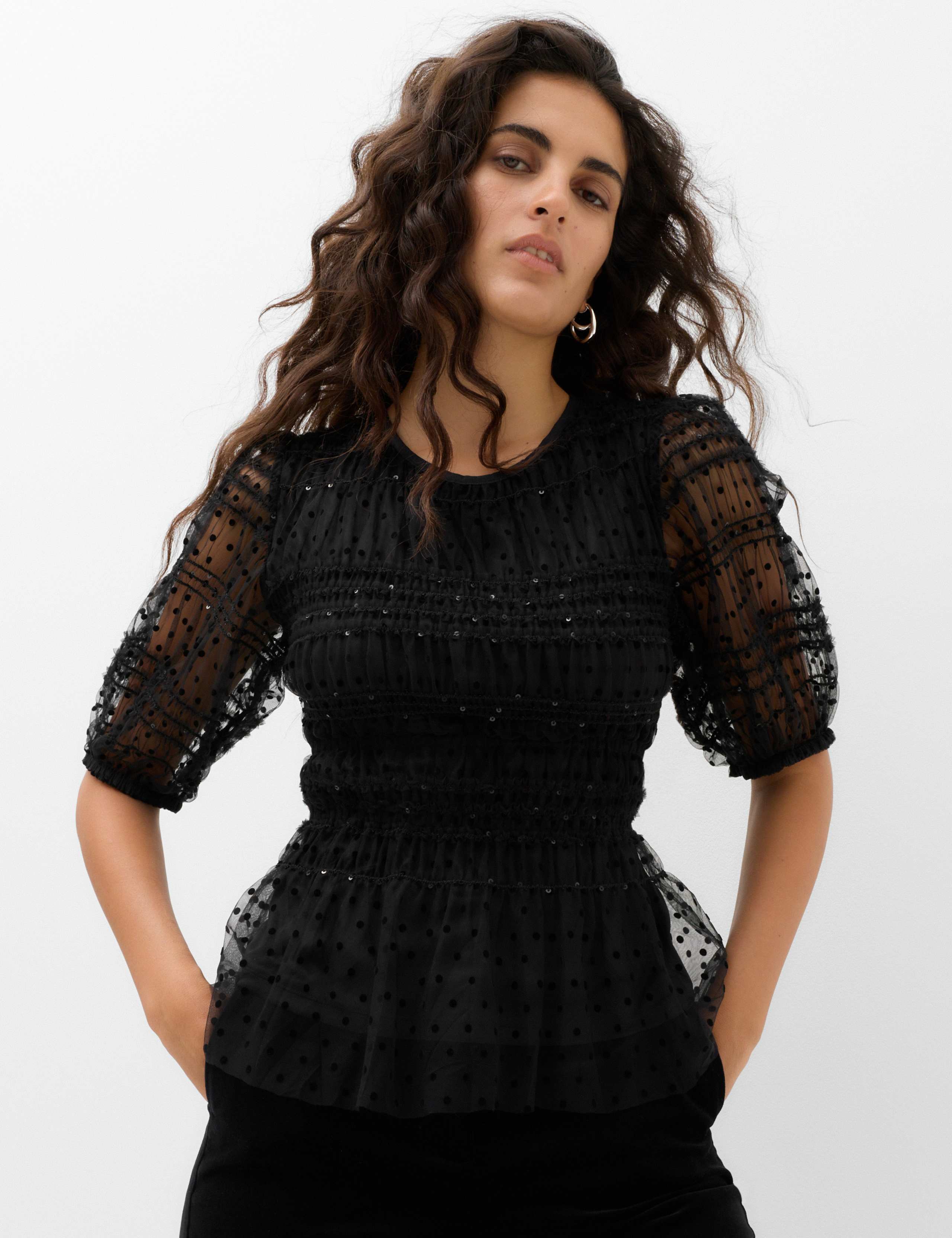 Sequin Shirred Puff Sleeve Peplum Top 1 of 5