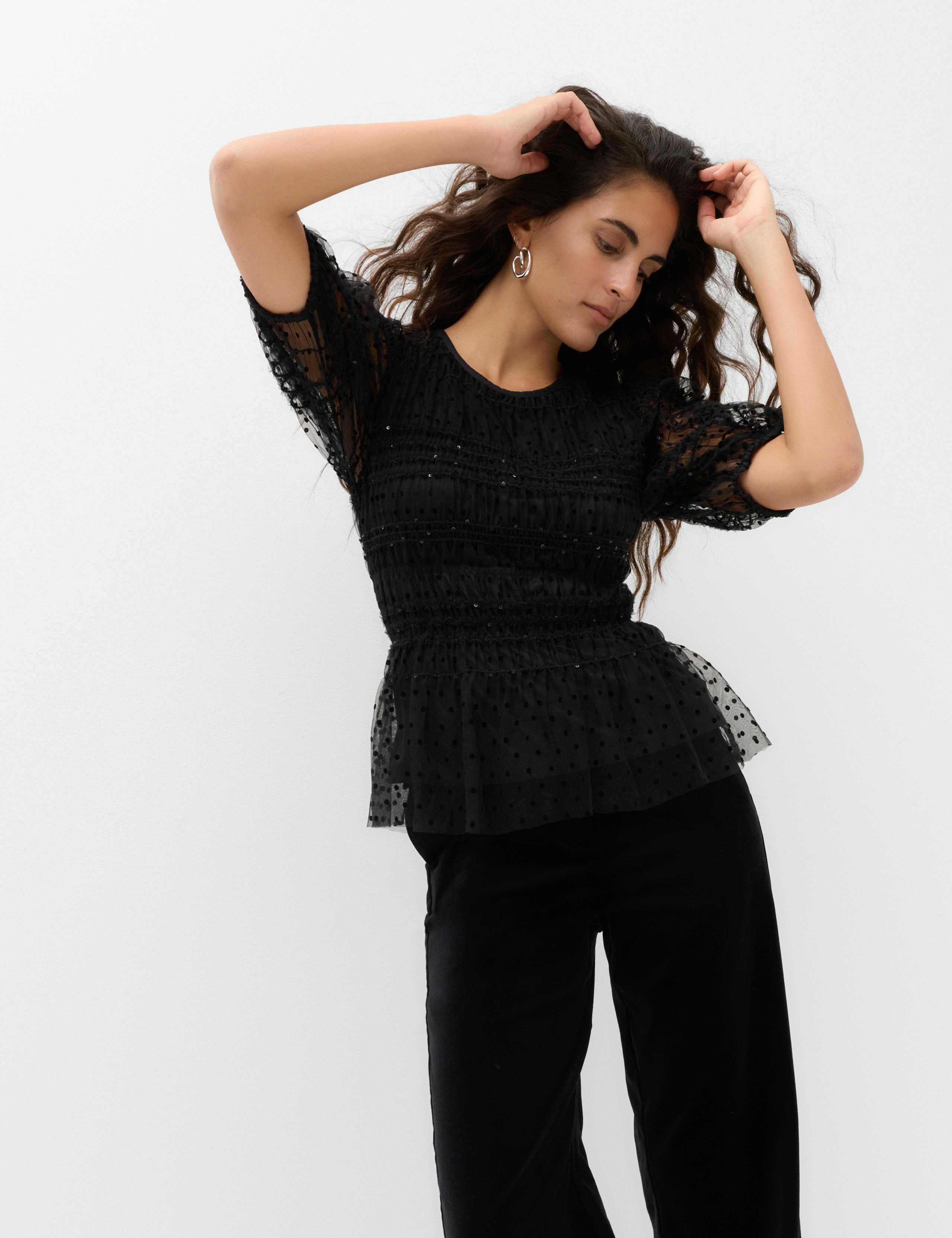 Sequin Shirred Puff Sleeve Peplum Top 3 of 5