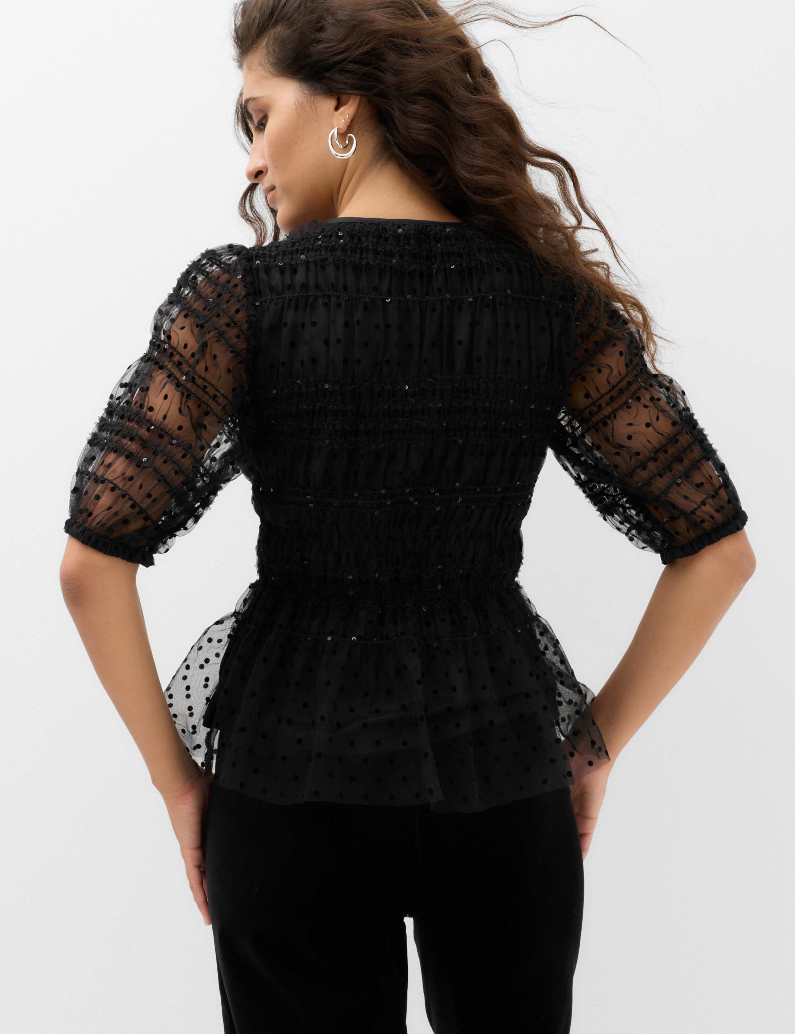 Sequin Shirred Puff Sleeve Peplum Top 4 of 5