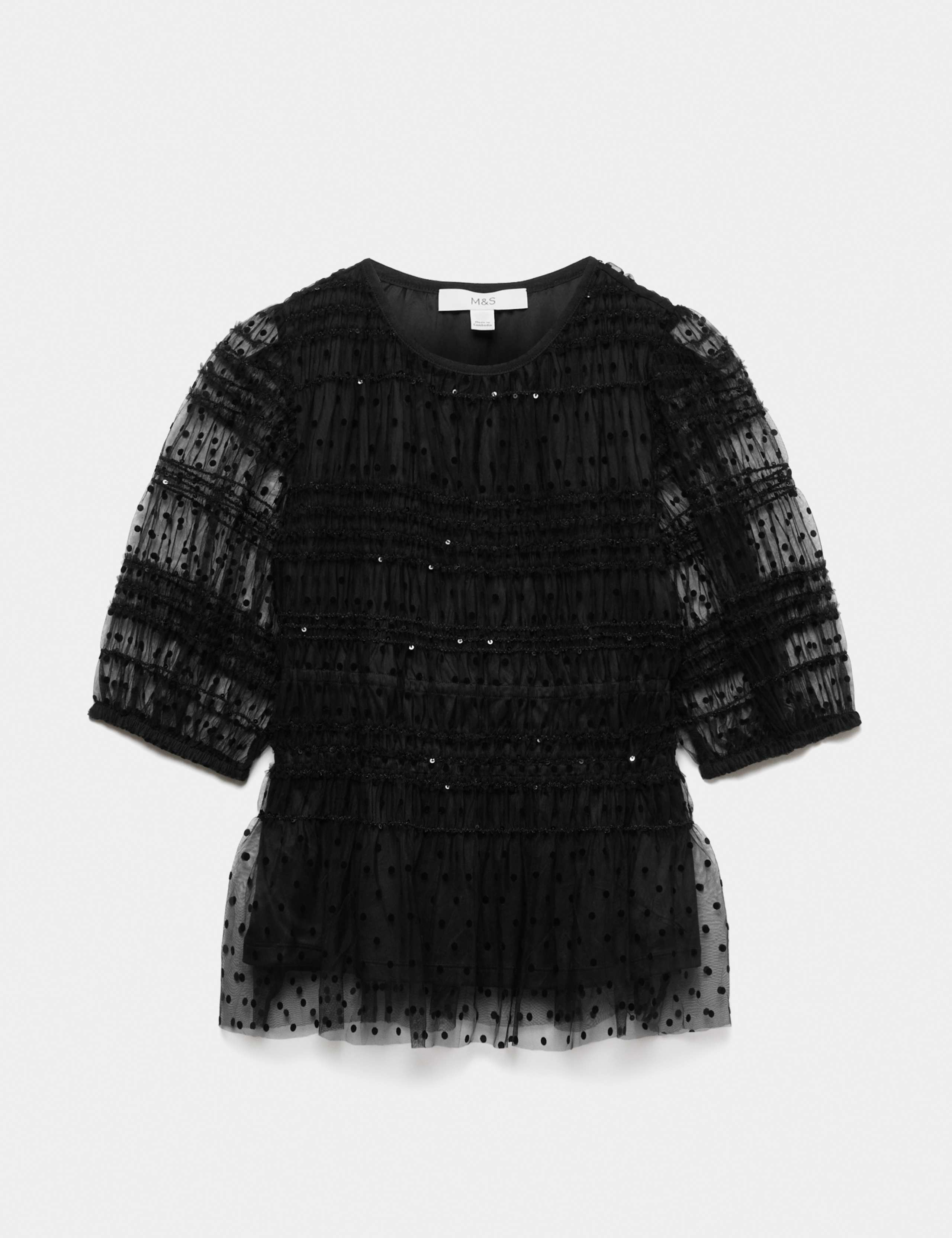 Sequin Shirred Puff Sleeve Peplum Top 2 of 5