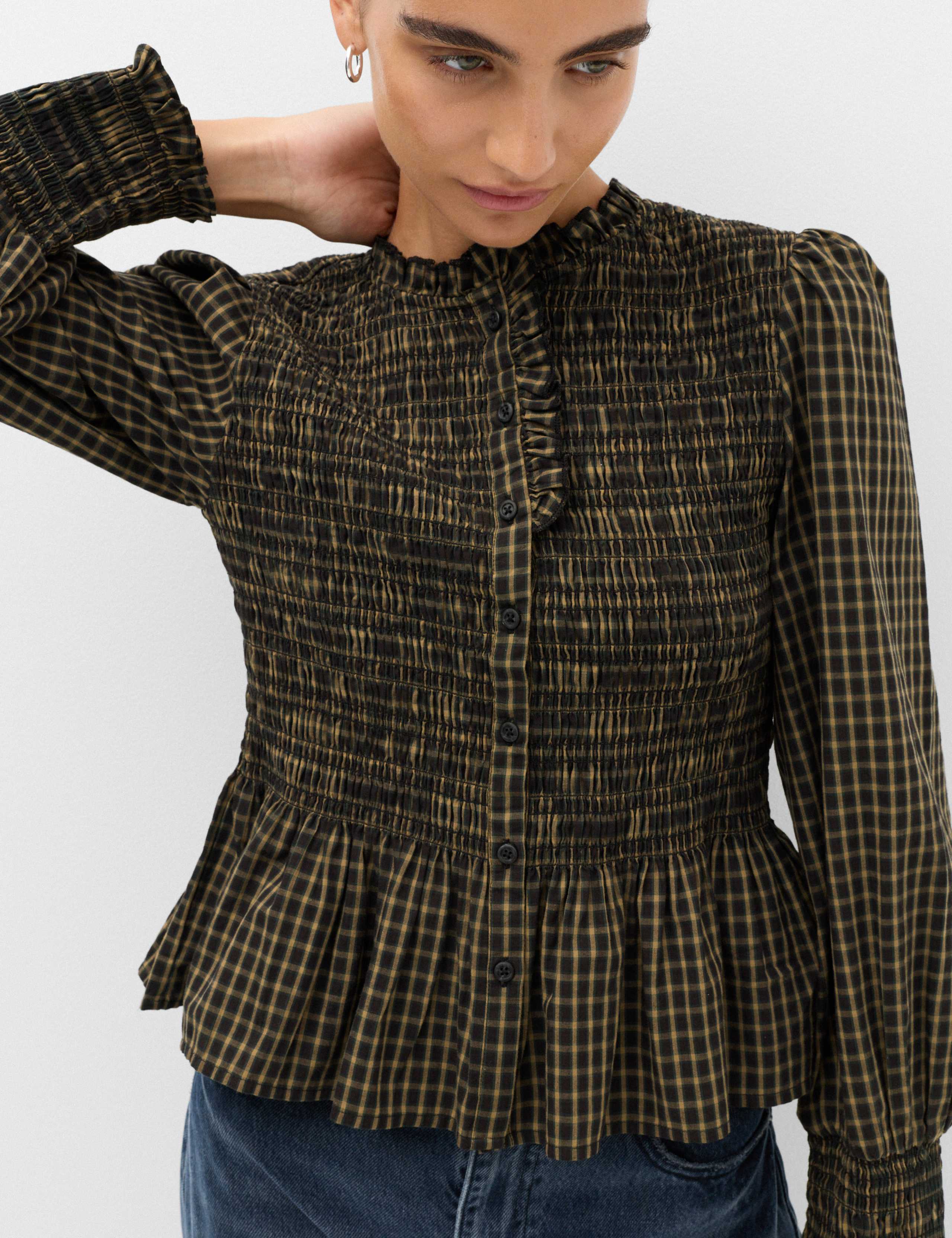Pure Cotton Checked Frill Shirred Peplum Shirt 3 of 5