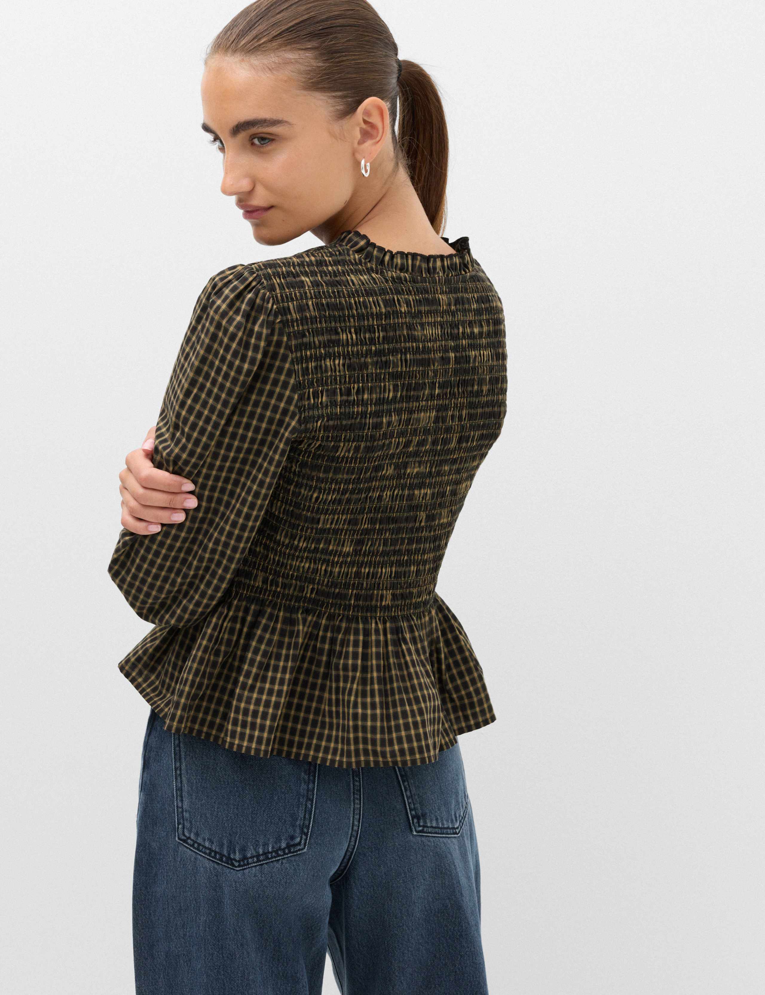 Pure Cotton Checked Frill Shirred Peplum Shirt 4 of 5