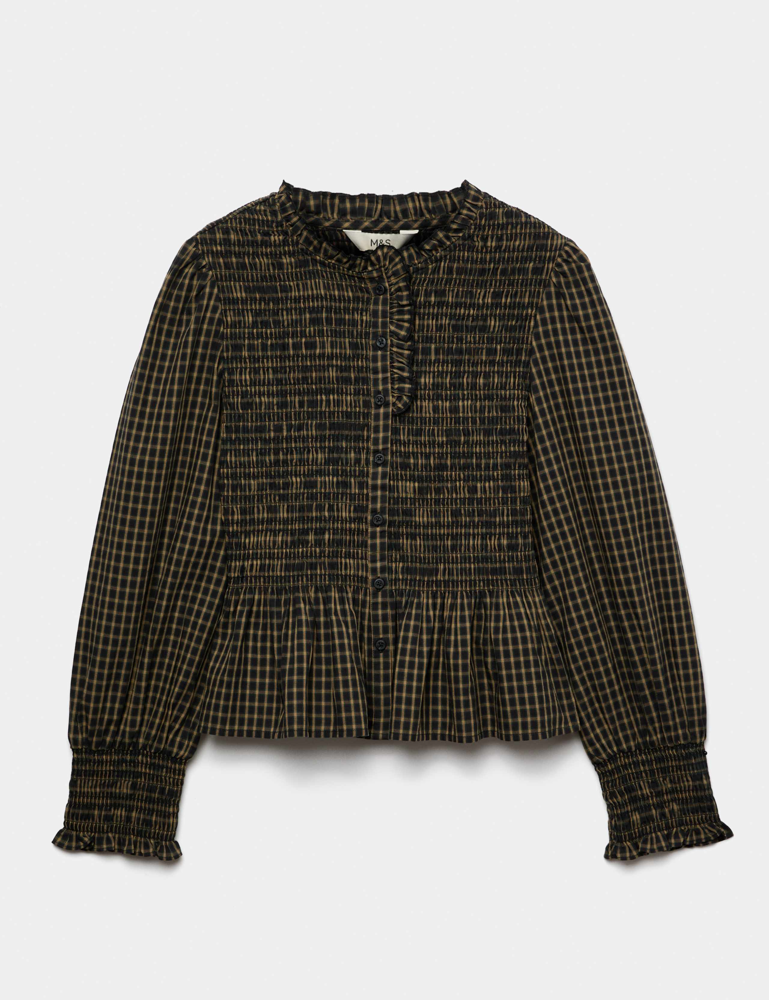 Pure Cotton Checked Frill Shirred Peplum Shirt 2 of 5