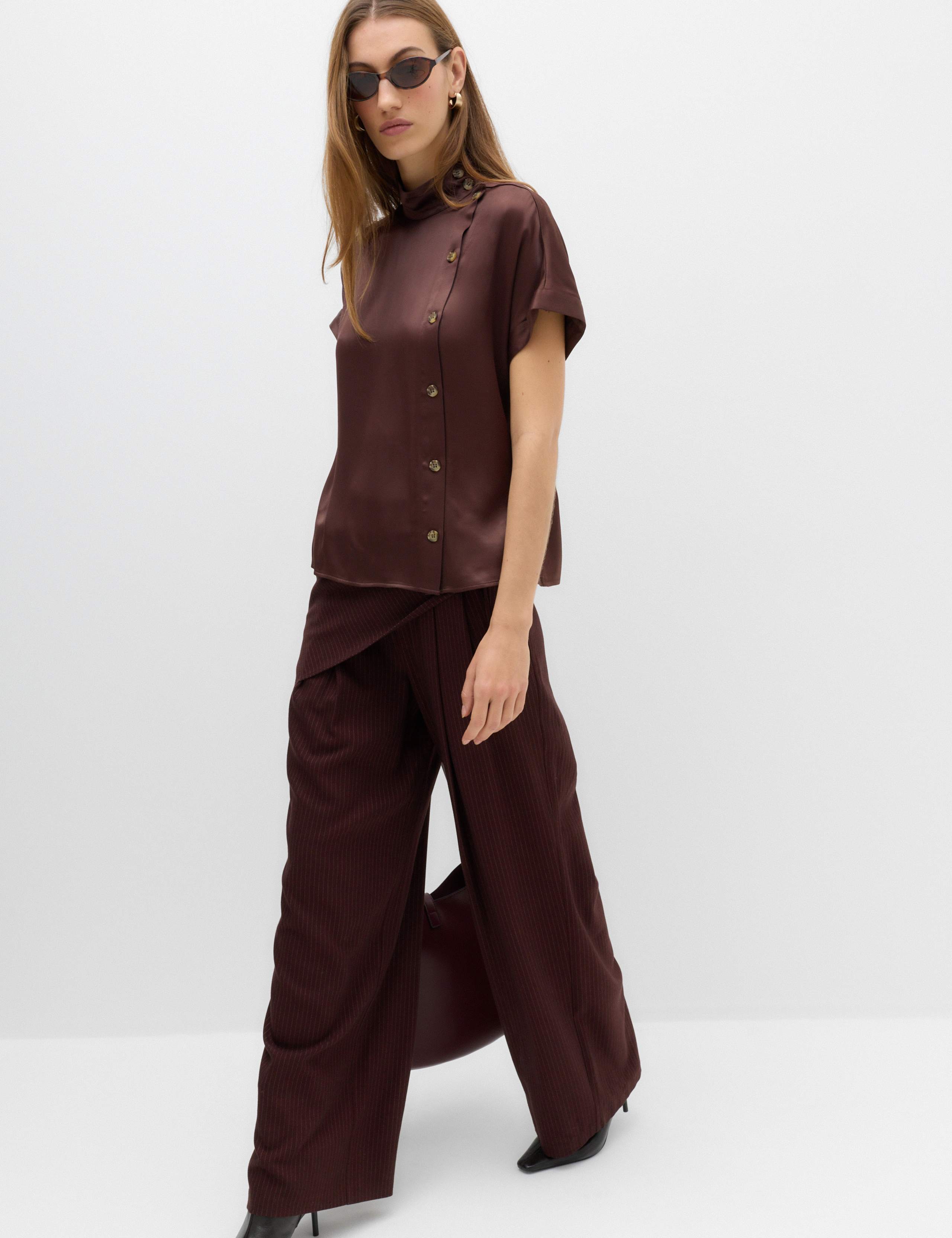 Satin Funnel Neck Button Detail Shirt 3 of 5