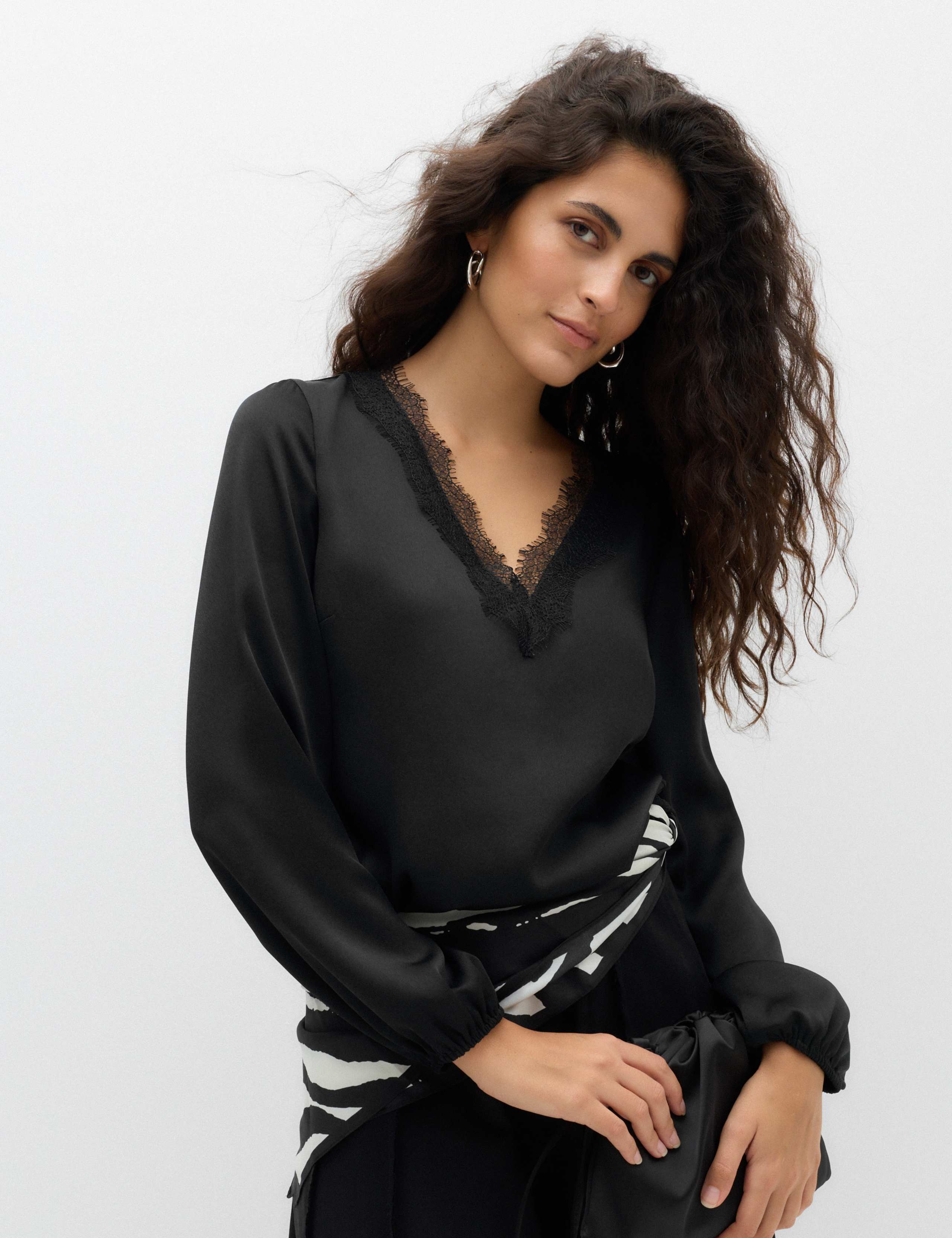 Satin V Neck Lace Detail Top 1 of 6