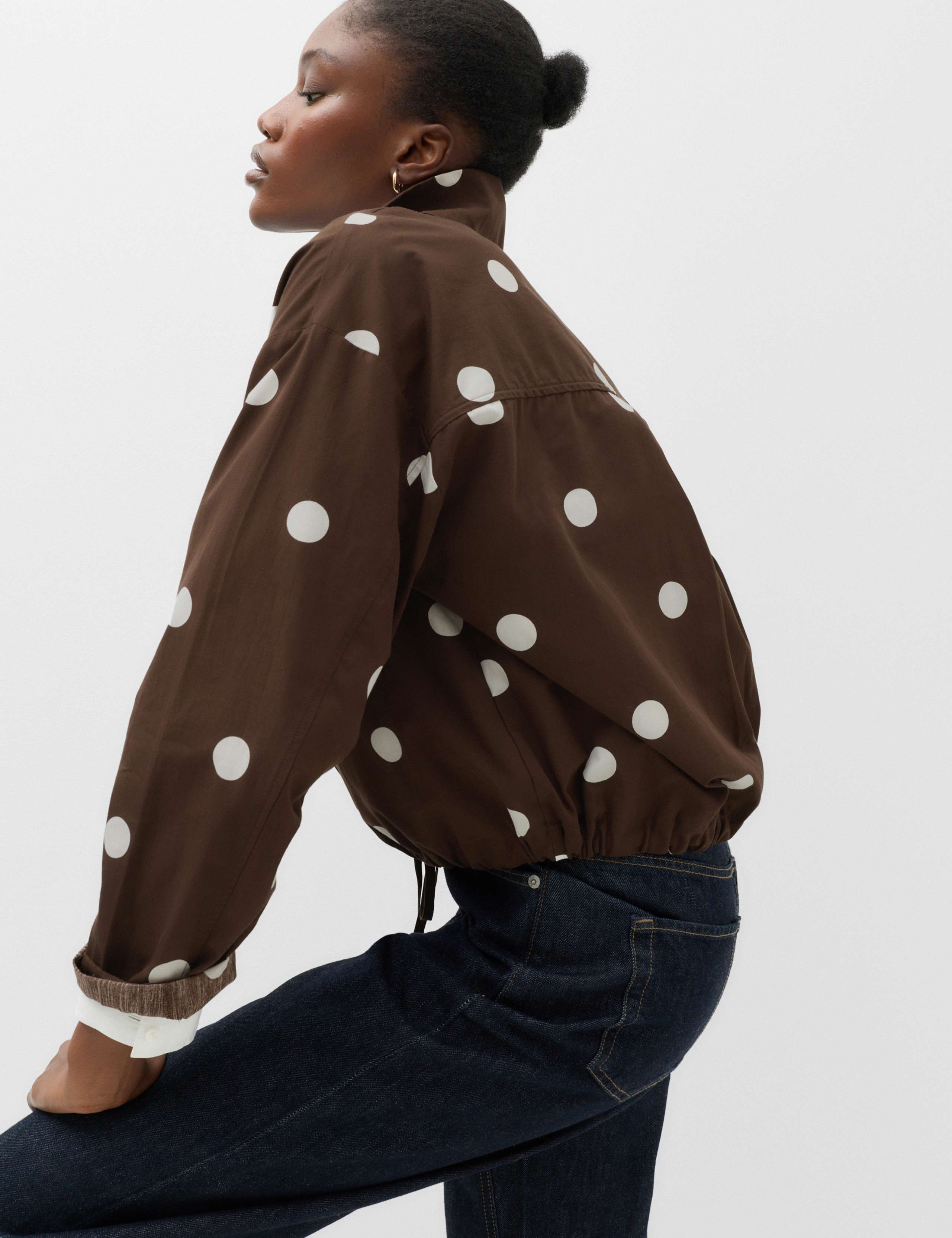 Pure Cotton Polka Dot Funnel Neck Drawstring Shirt 5 of 7