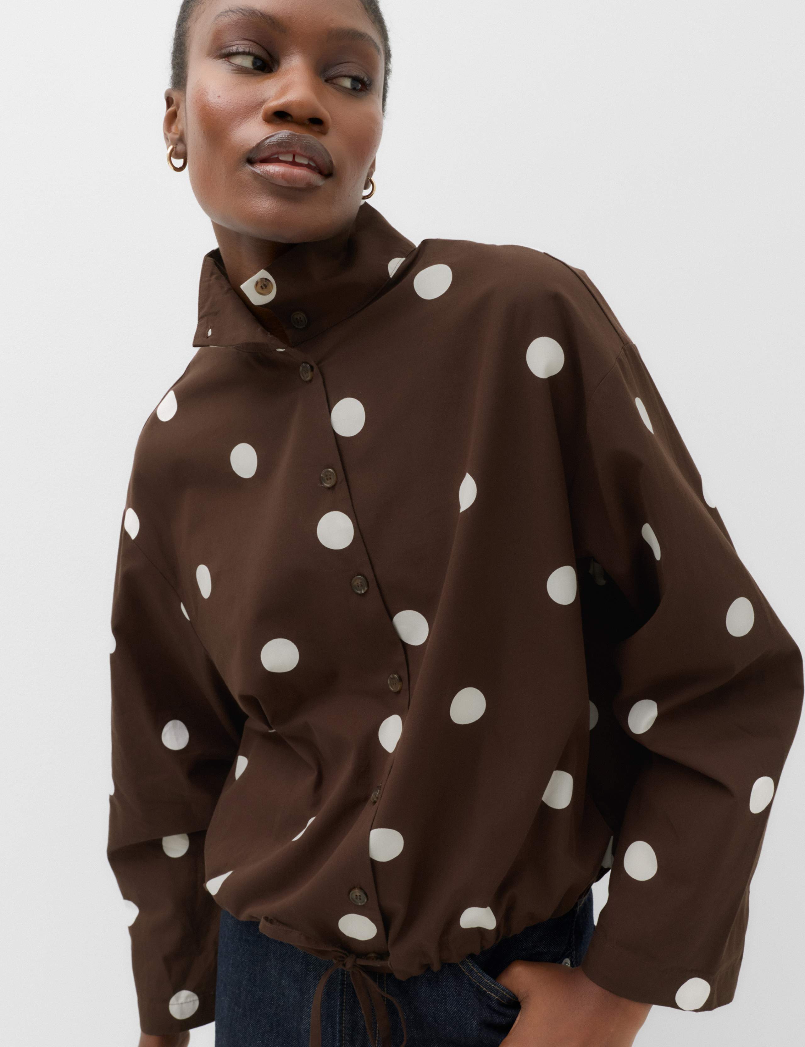 Pure Cotton Polka Dot Funnel Neck Drawstring Shirt 7 of 7