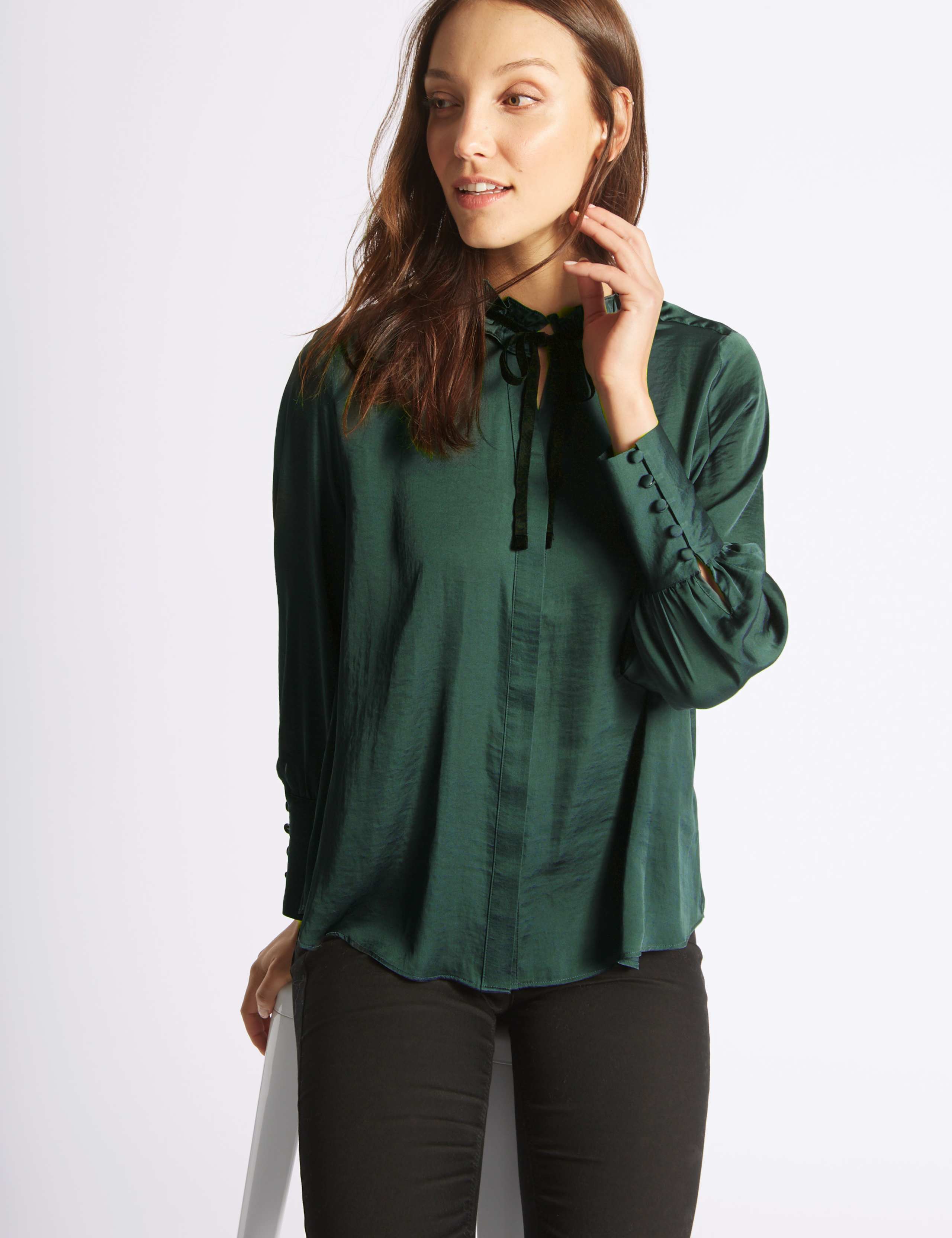 Velvet Trim Round Neck Long Sleeve Blouse 3 of 4