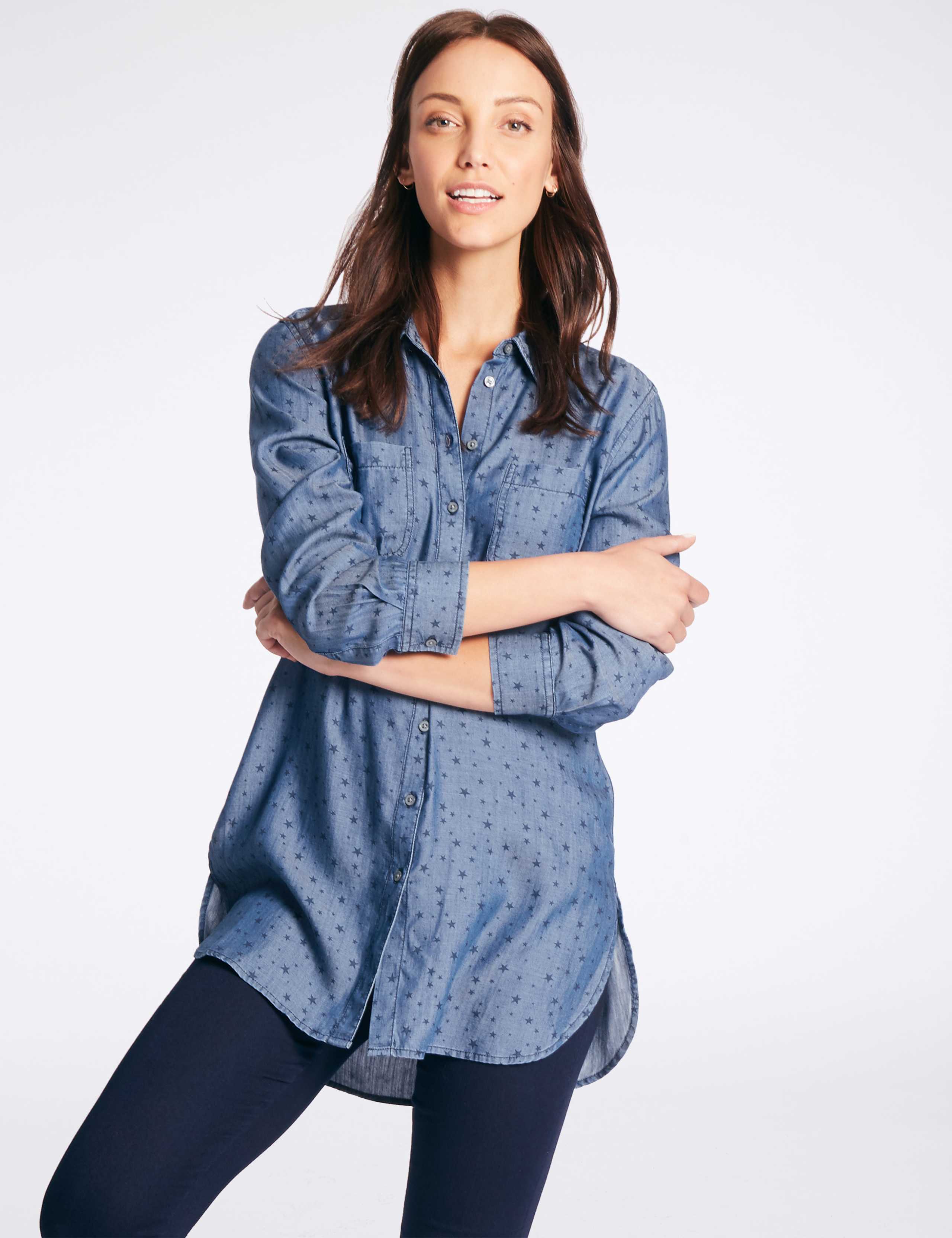 Denim Star Print Longline Shirt 1 of 4